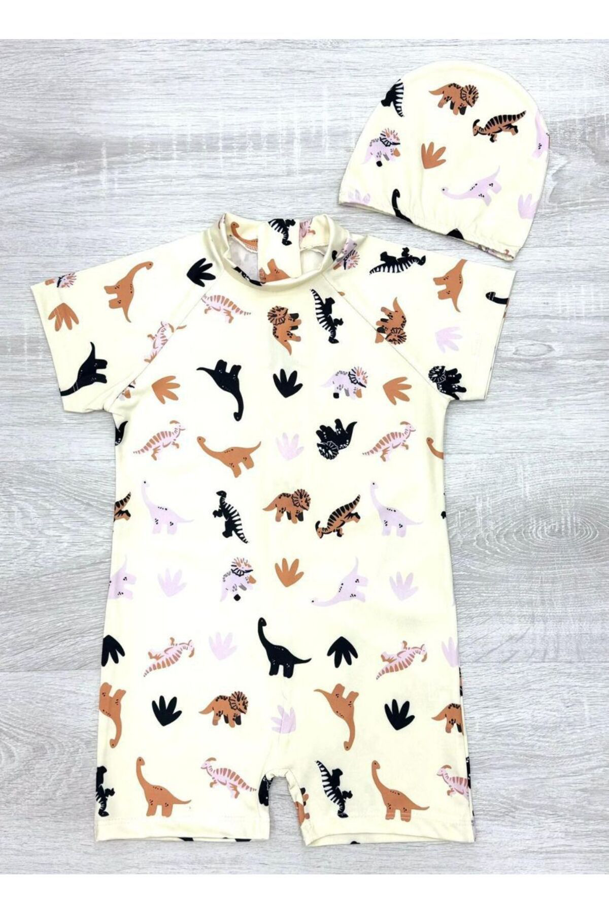 Bebetopya Minik Dinozorlar Diyari Kisa Kollu Çocuk Bebek Tulum Mayo Ve Bone