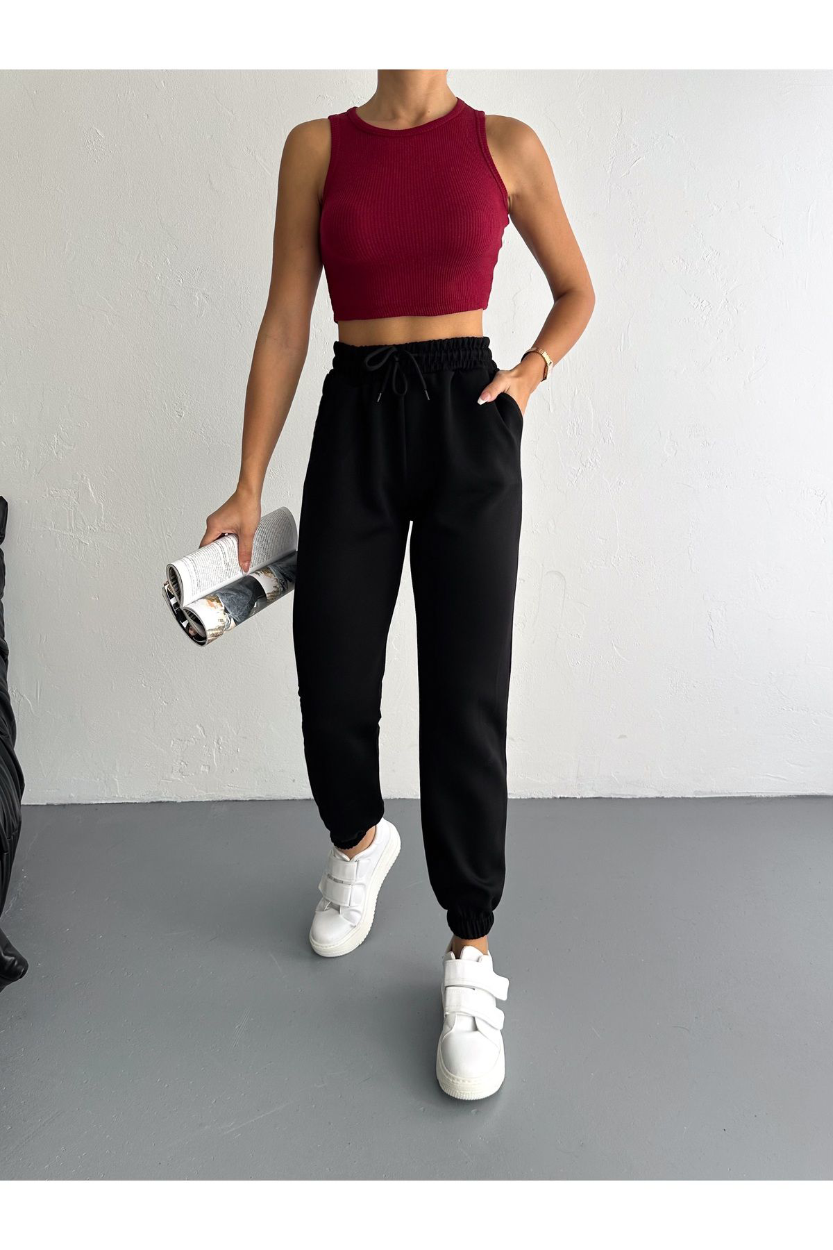 Fiolin Modal Kumaş  Yumuşak Doku Yüksek Bel Basic Jogger Eşofman Alti