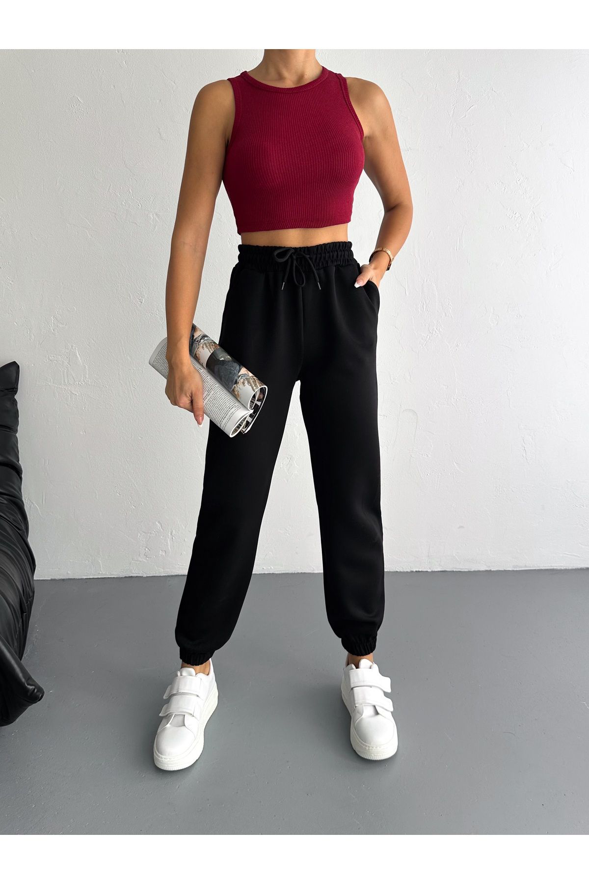 Fiolin Modal Kumaş  Yumuşak Doku Yüksek Bel Basic Jogger Eşofman Alti