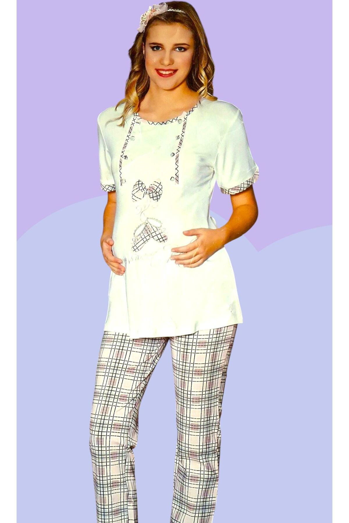 Flz Modal Pamuklu Kisa Kol Hamile Pijama Takimi Ekoseli