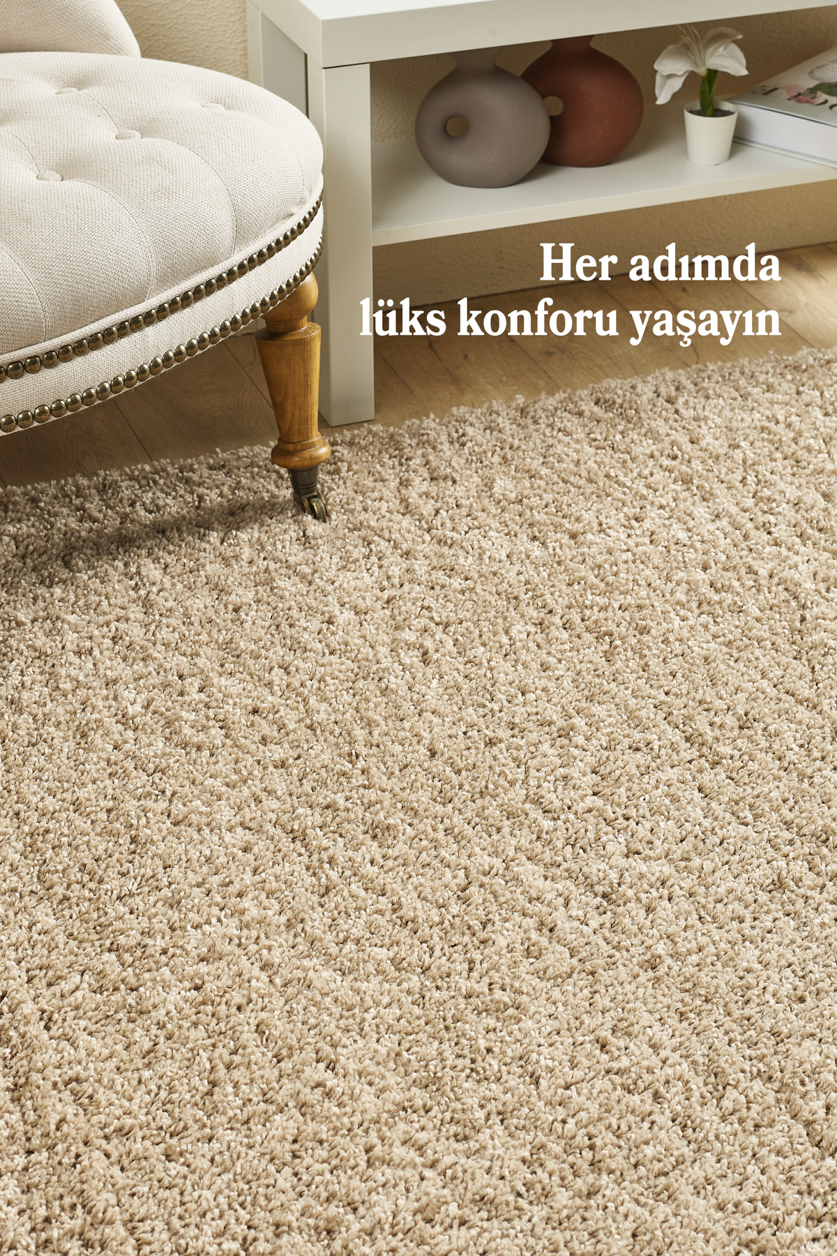 Anaska Home Modern Tasarim Uzun Tüylü Peluş Bej Shaggy Oturma Odasi Salon Beb