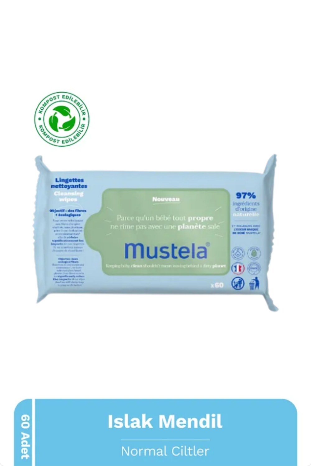 Mustela  Kompost Edilebilir İslak Mendil 60 Yaprak