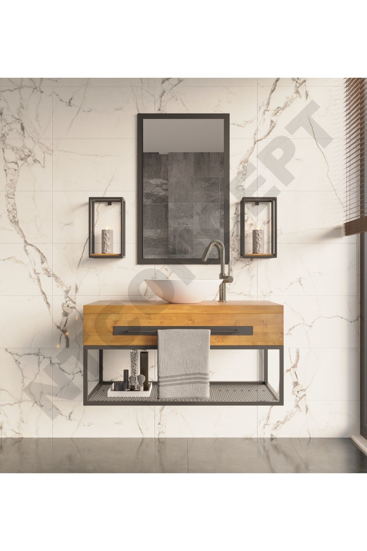 Nt Concept Ntconcept Artes Ayna Çerçeveli Masif Ahşap Lavabo Dolabi Hilton(9