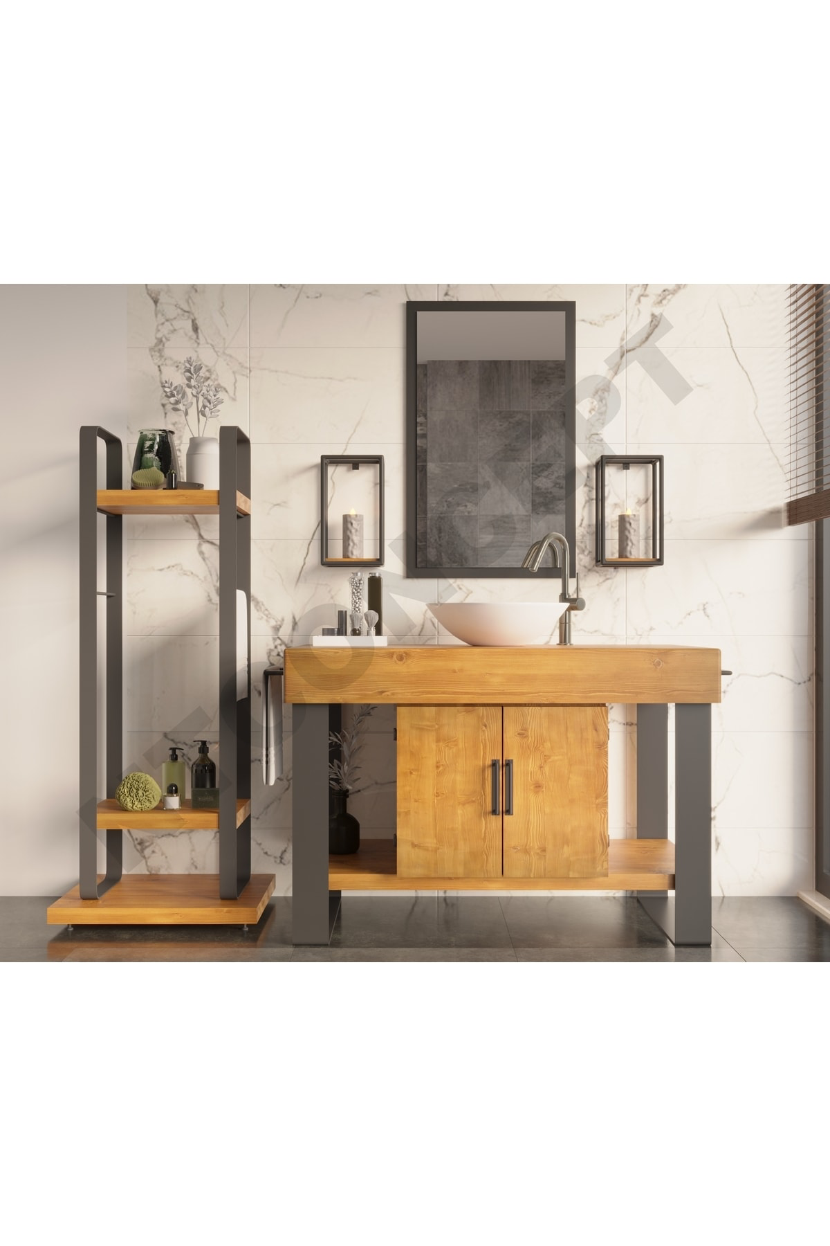 Nt Concept Ntconcept Arwen Ayna Çerçeveli Masif Ahşap Lavabo Dolabi Hilton(9