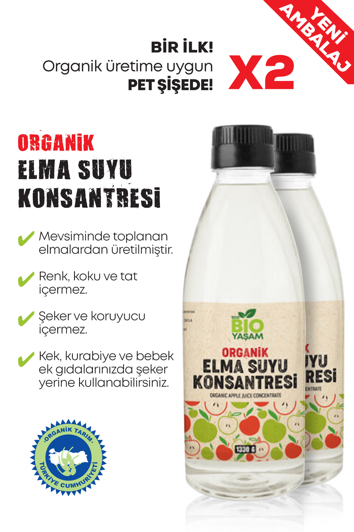 Ekobioyasam Organik Elma Suyu Konsantresi 1330 G X 2 Adet