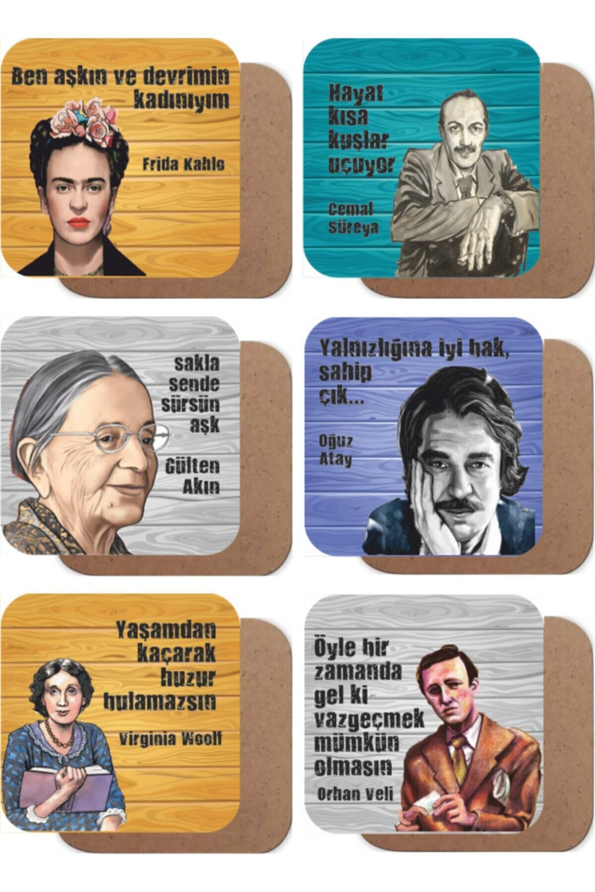 Pi Dekorasyon Orhan Veli, Cemal Süreya, V. Woolf, Oğuz Atay, G. Akin 6Li Ahşap 