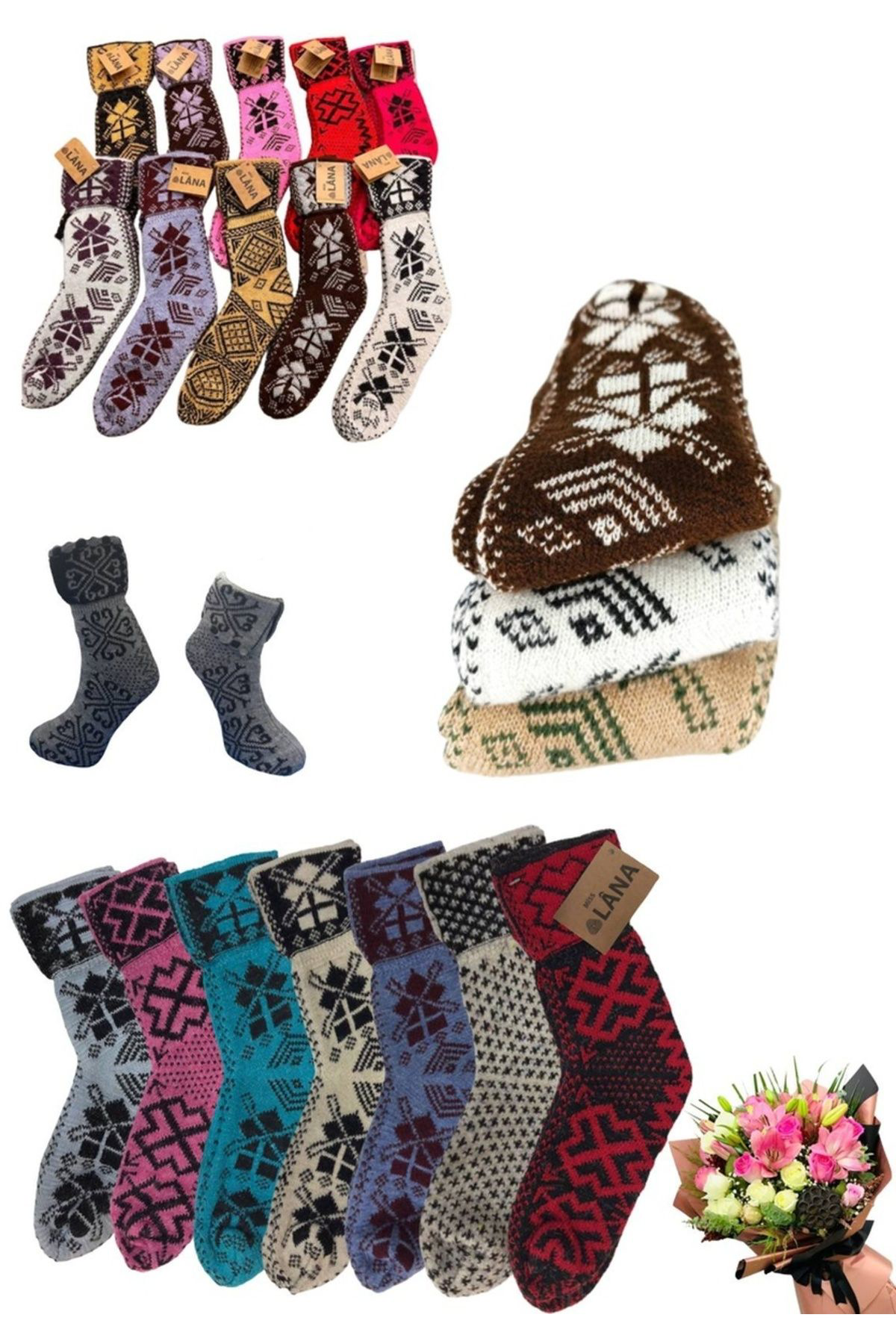 Kral Socks Otantik (2 Çift) Yöresel Çorap Yün Örgü Dokuma (Karma Renkler)