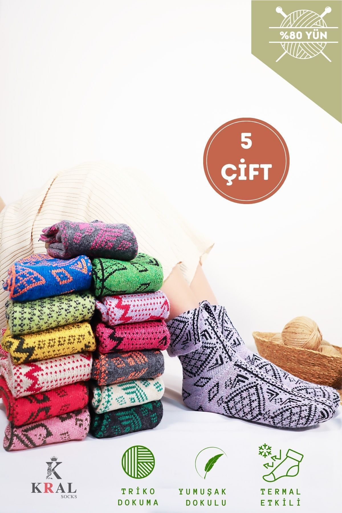 Kral Socks Otantik (5 Çift) Yöresel Çorap Yün Örgü Dokuma (Karma Renkler)