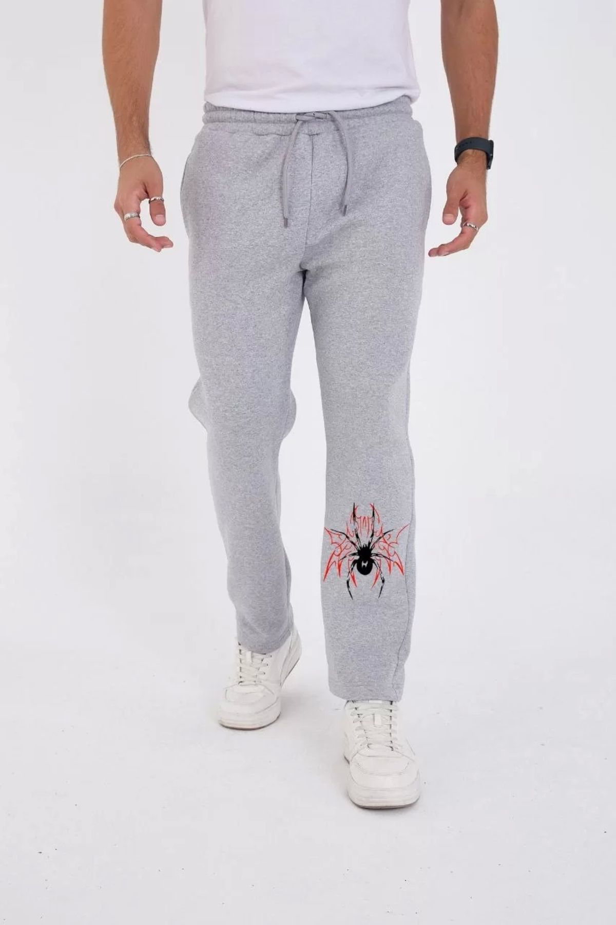 S'gizli Oversize Üç İplik Baskili Eşofman Pantolon - Gri