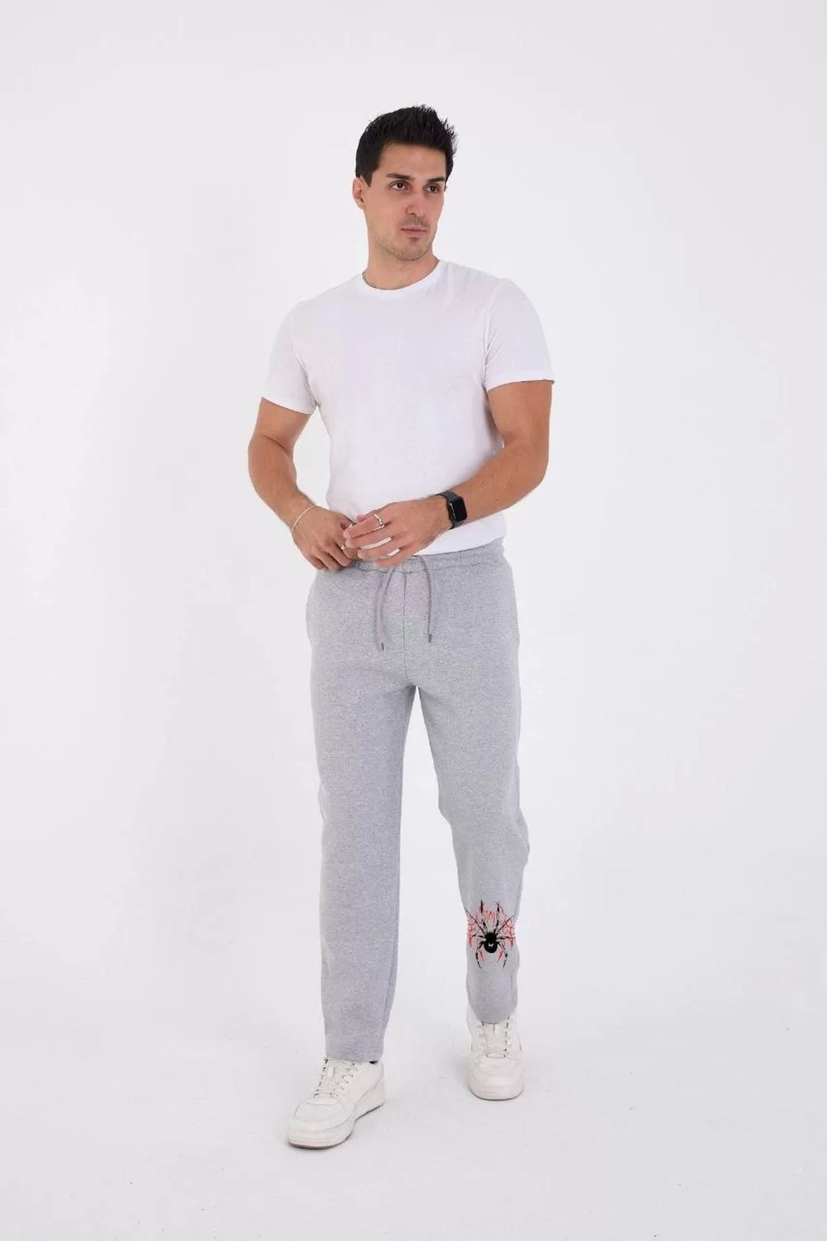 S'gizli Oversize Üç İplik Baskili Eşofman Pantolon - Gri