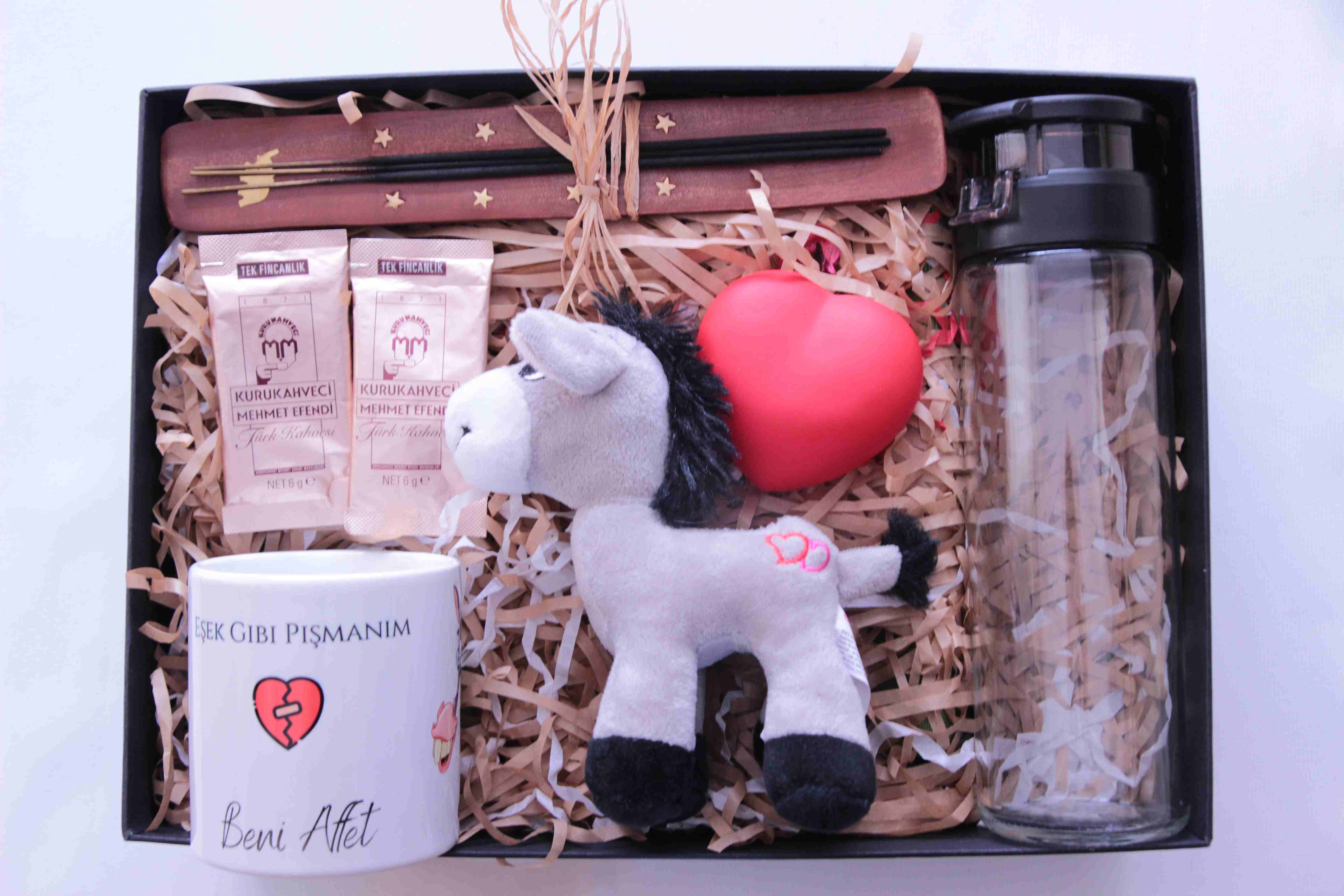 Home Özür Hediye Kutusu Beni Affet Kupa Cam Termos Peluş Eşek İşikli Kalp Tütsülük