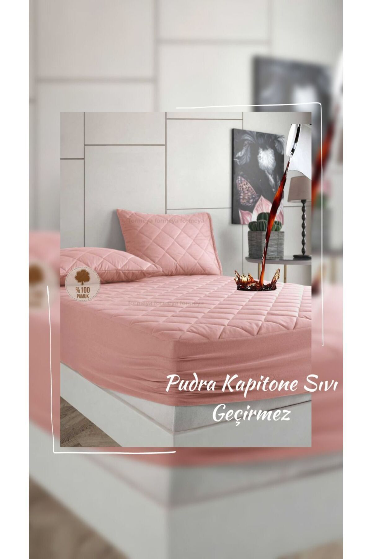 Formeya Pamukkale Alez Set Pudra Kapitone Sivi Geçirmez Yatak Koruyucu-2