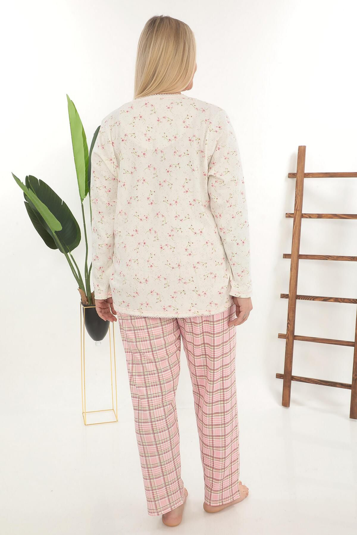 Etoile Pamuklu Uzun Kol Önden Düğmeli Kadin Pijama Takimi Pembe Büyük Be