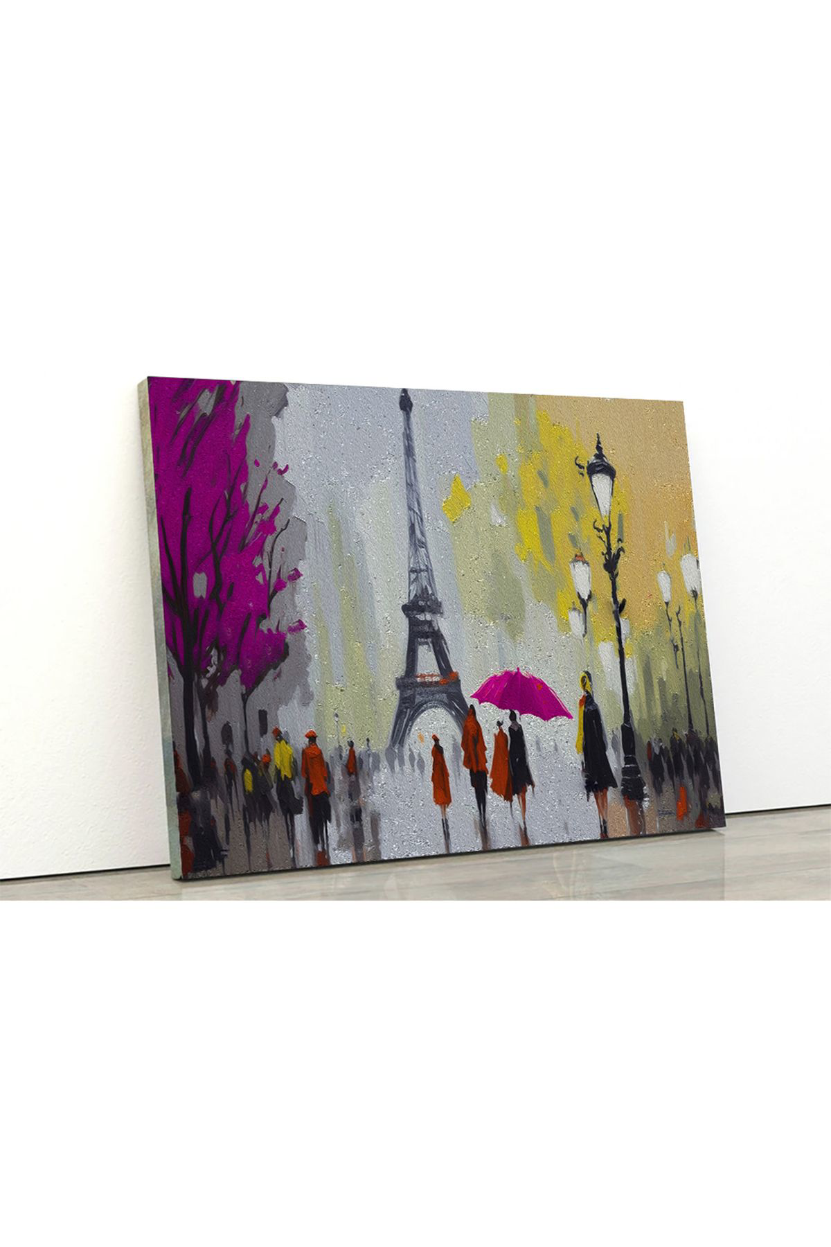 Korkmazkanvas Paris’İn Sokak Görünümü. Eyfel Kulesi.Pembe Bir Şemsiyenin Altind