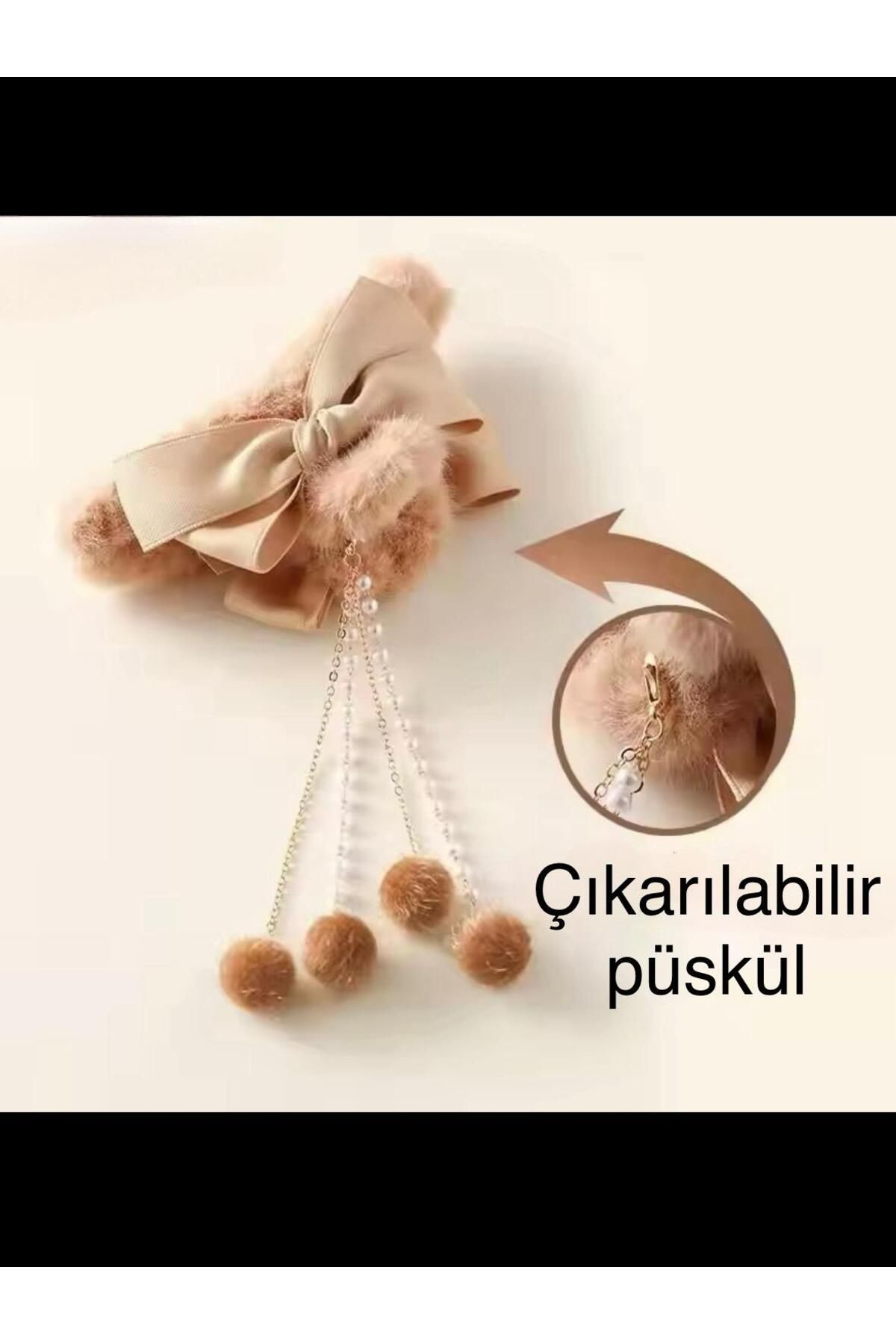Arescollection Peluş Fiyonk Detayli İnci Ve Zincir Püskül Detayli Mandal Toka