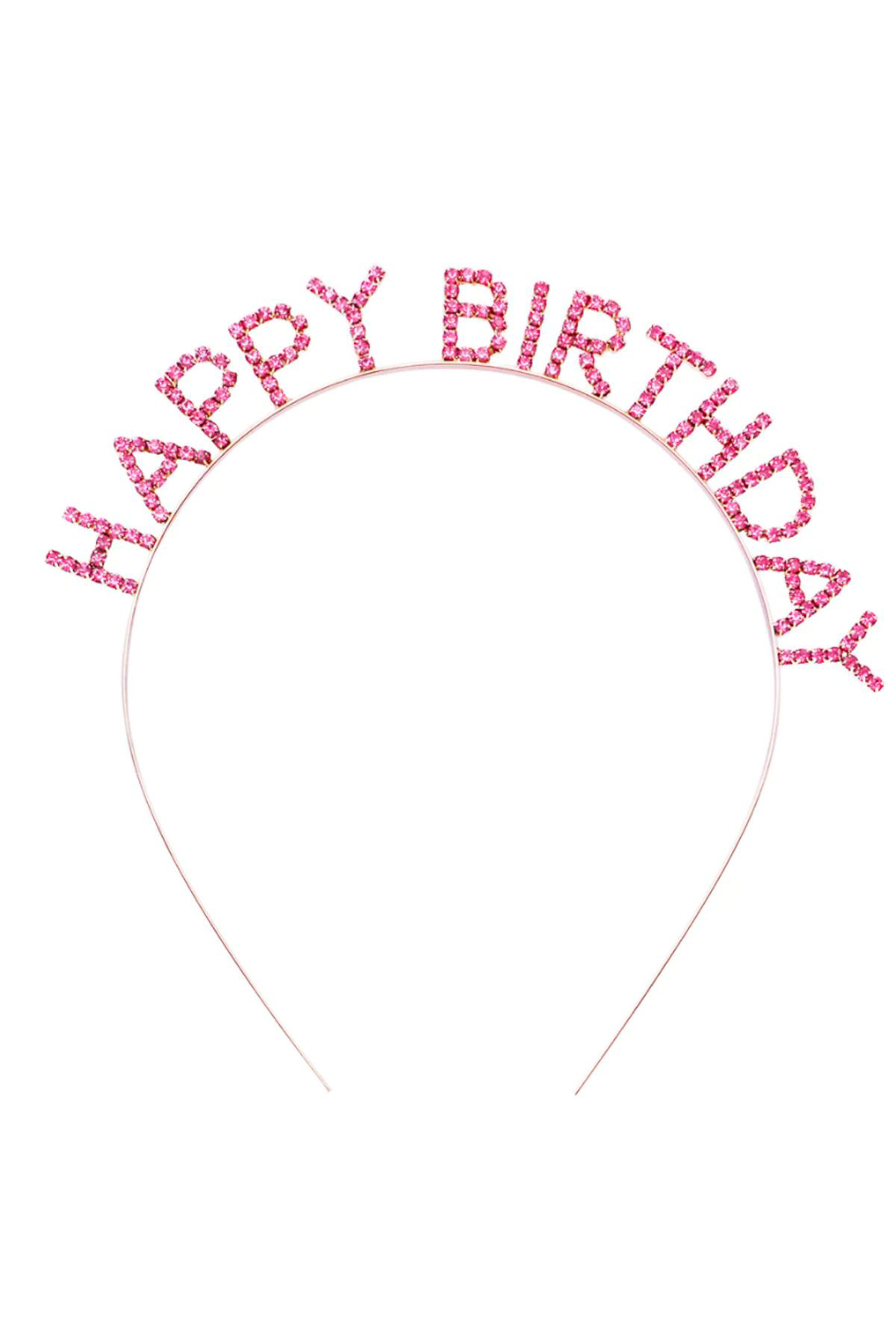 Pembe Renk Kristal Taşlı Gold Renk Kaplama Happy Birthday Taç 16x