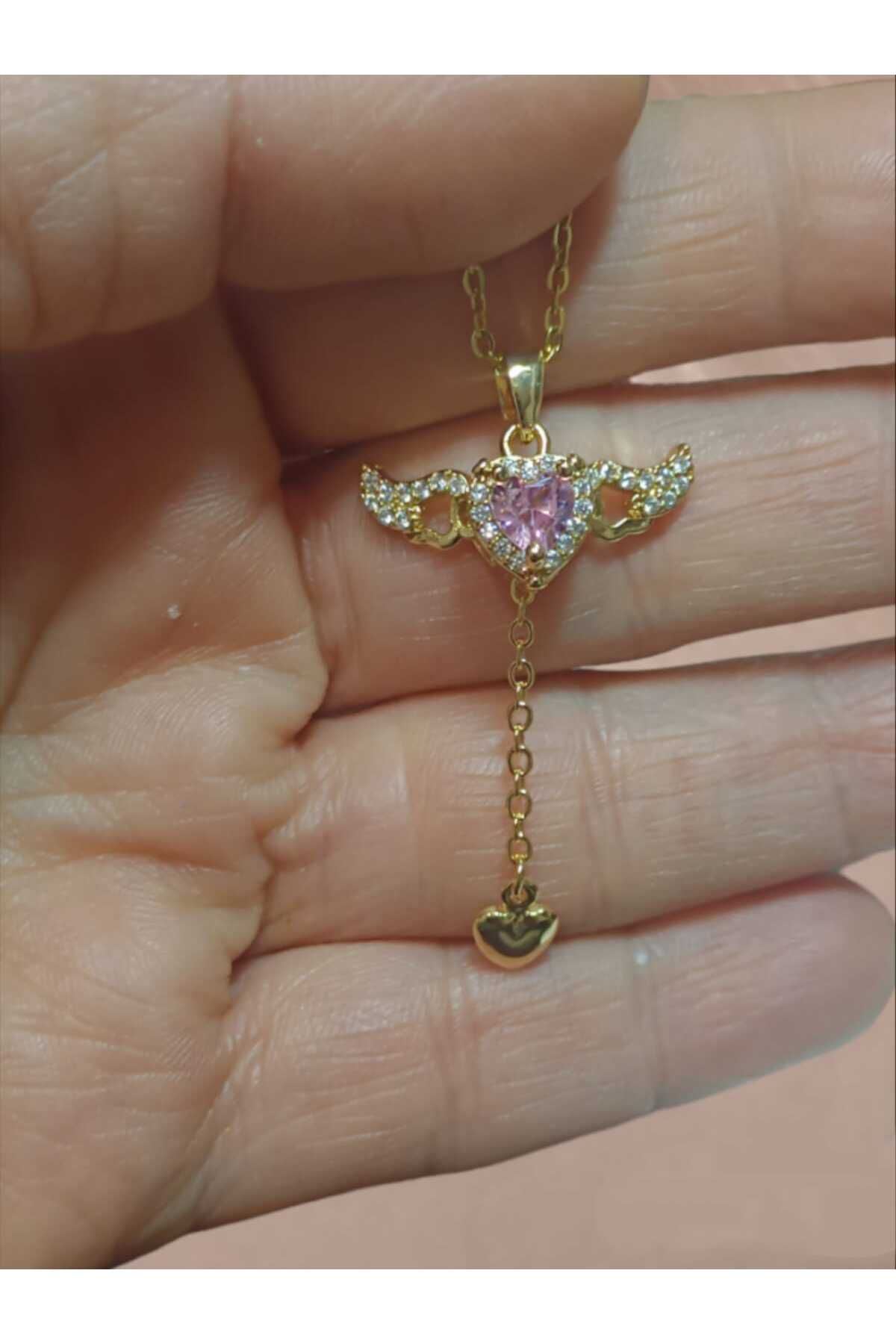 Dodemert Home Pembe Zirkon Taş Melek Kanatli Gold Çelik Kolye