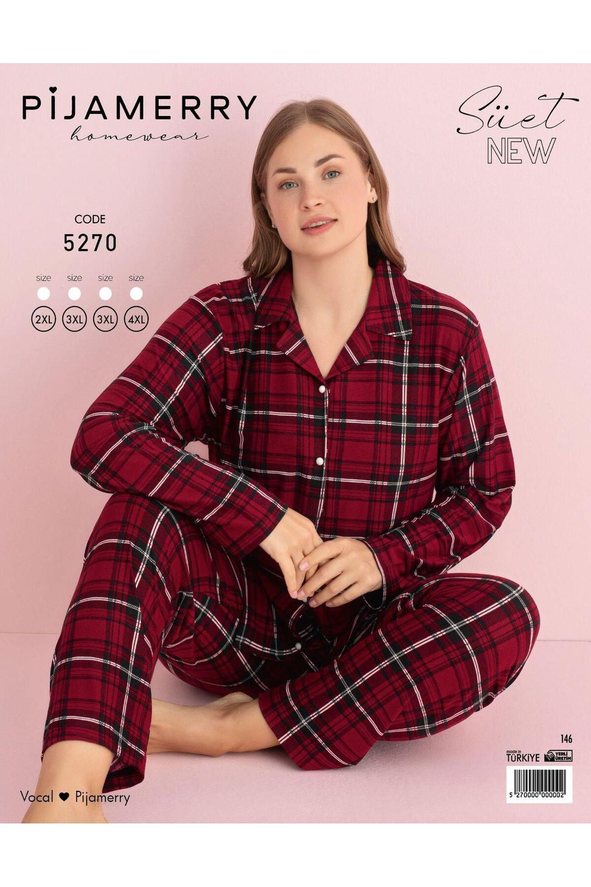 Pijamerry Pijamerry Kadin Büyük Beden Gömlek Yaka Süet Uzun Kol Pijama Taki