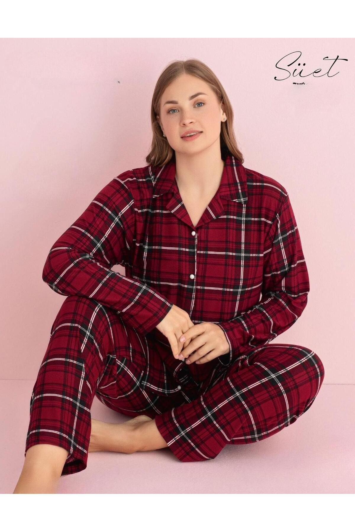 Pijamerry Pijamerry Kadin Büyük Beden Gömlek Yaka Süet Uzun Kol Pijama Taki
