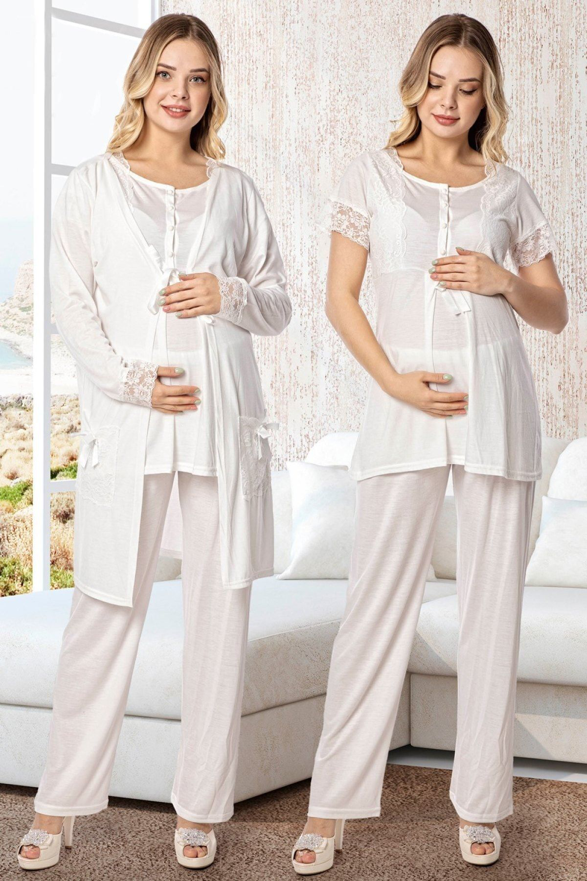 Pekmoda Polat Yildiz Lohusa Hamile Sabahlikli Pijama Takimi 3'Lü