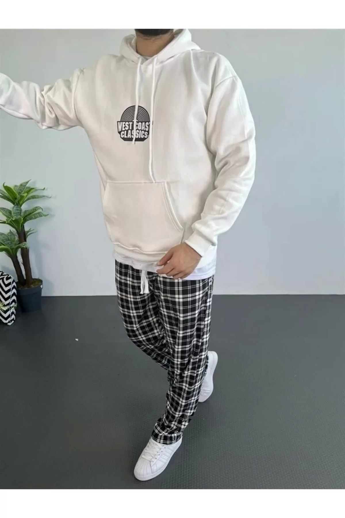 RAMIMSE Erkek Baskılı Üç İplik Kapüşonlu Oversize Sweatshirt - Be