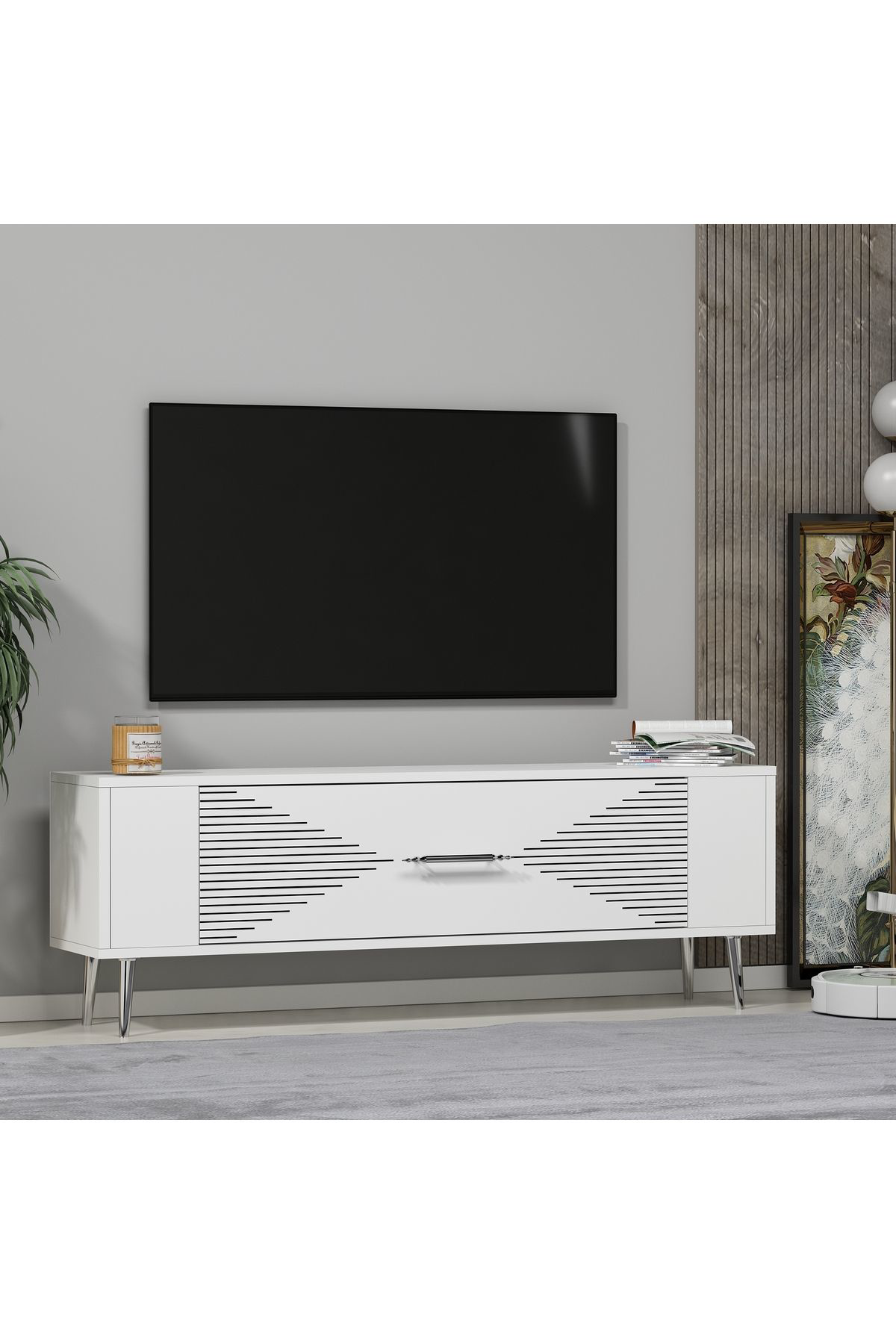 Cantek Dizayn Retrol1ct Tv Sehpasi Beyaz-Gümüş