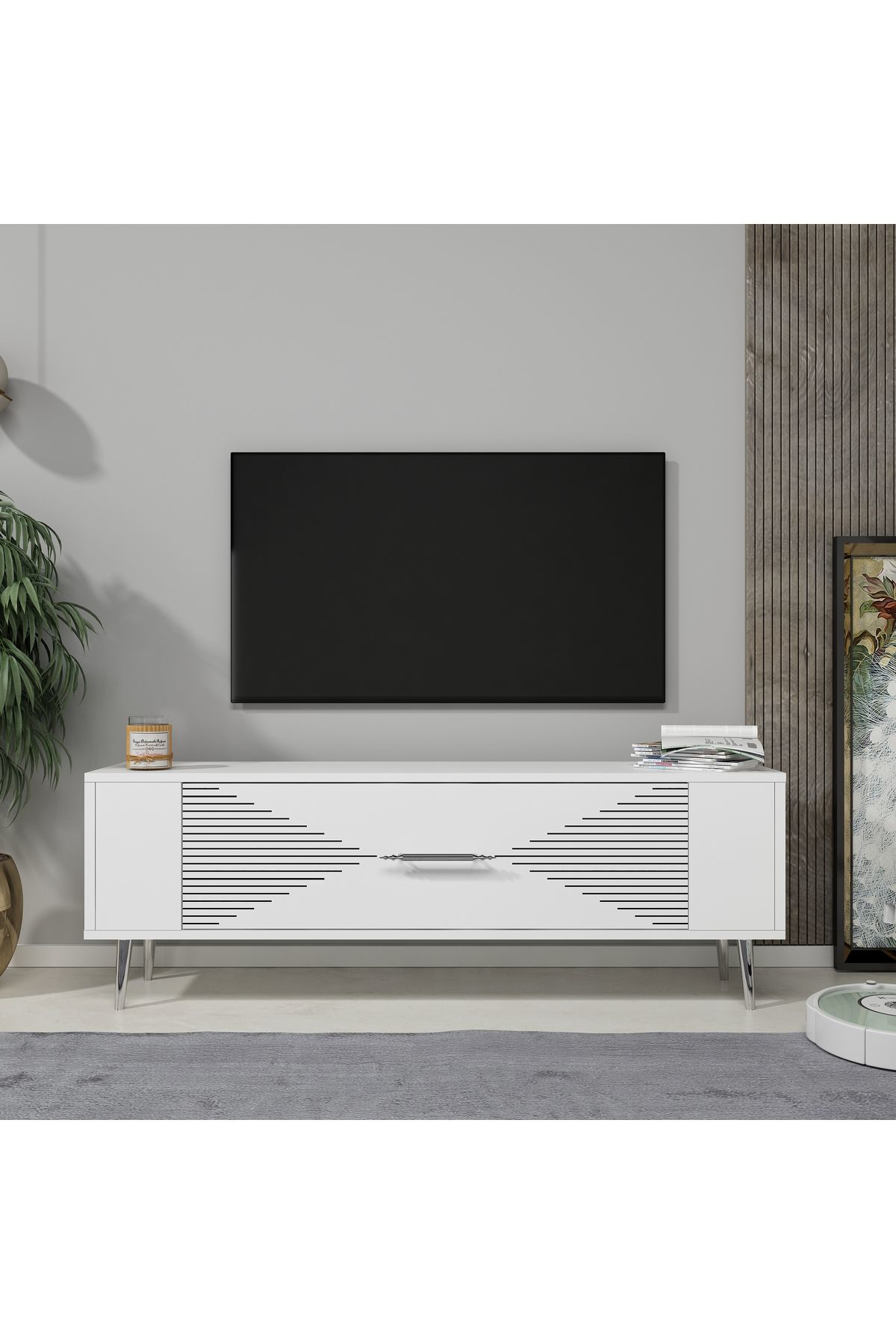 Cantek Dizayn Retrol1ct Tv Sehpasi Beyaz-Gümüş