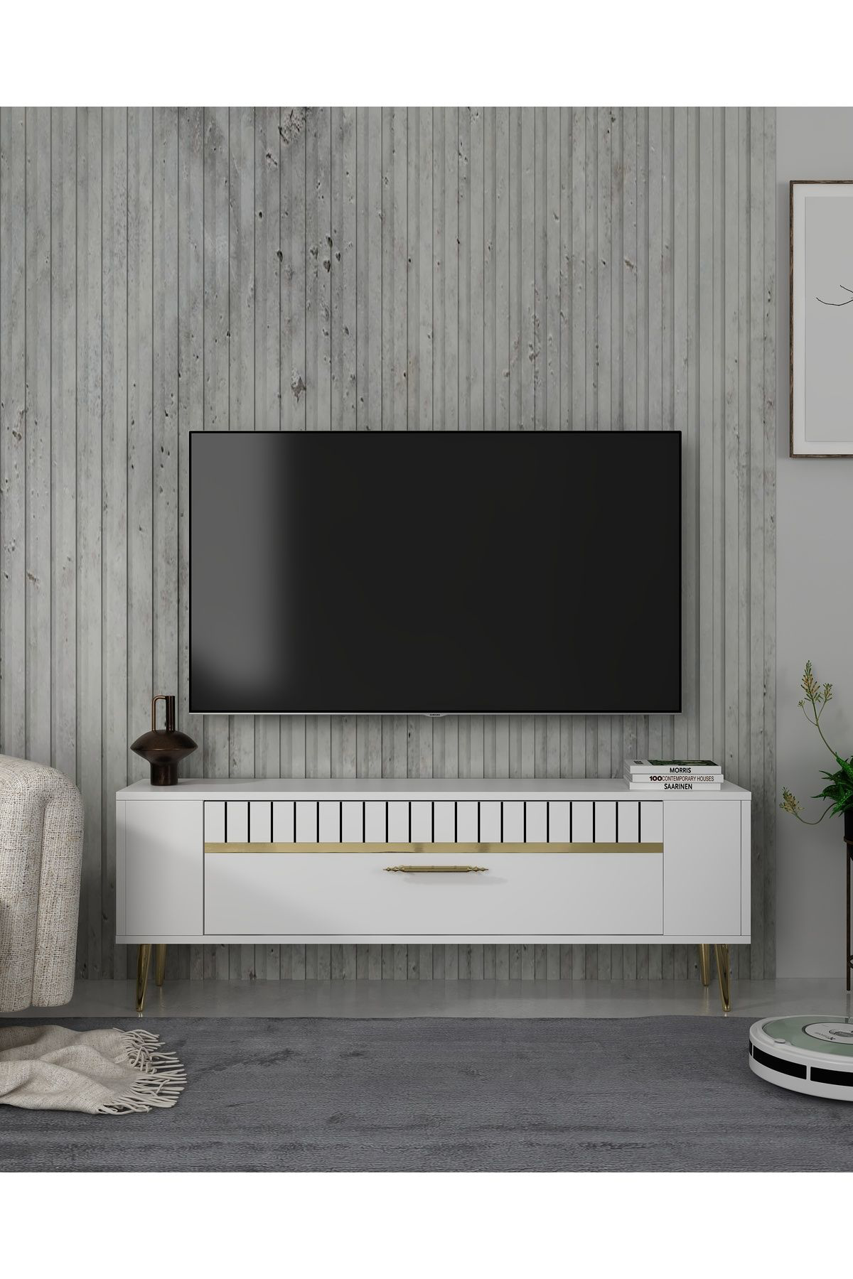 Cantek Dizayn Retrolp1ct Tv Sehpasi Beyaz-Altin