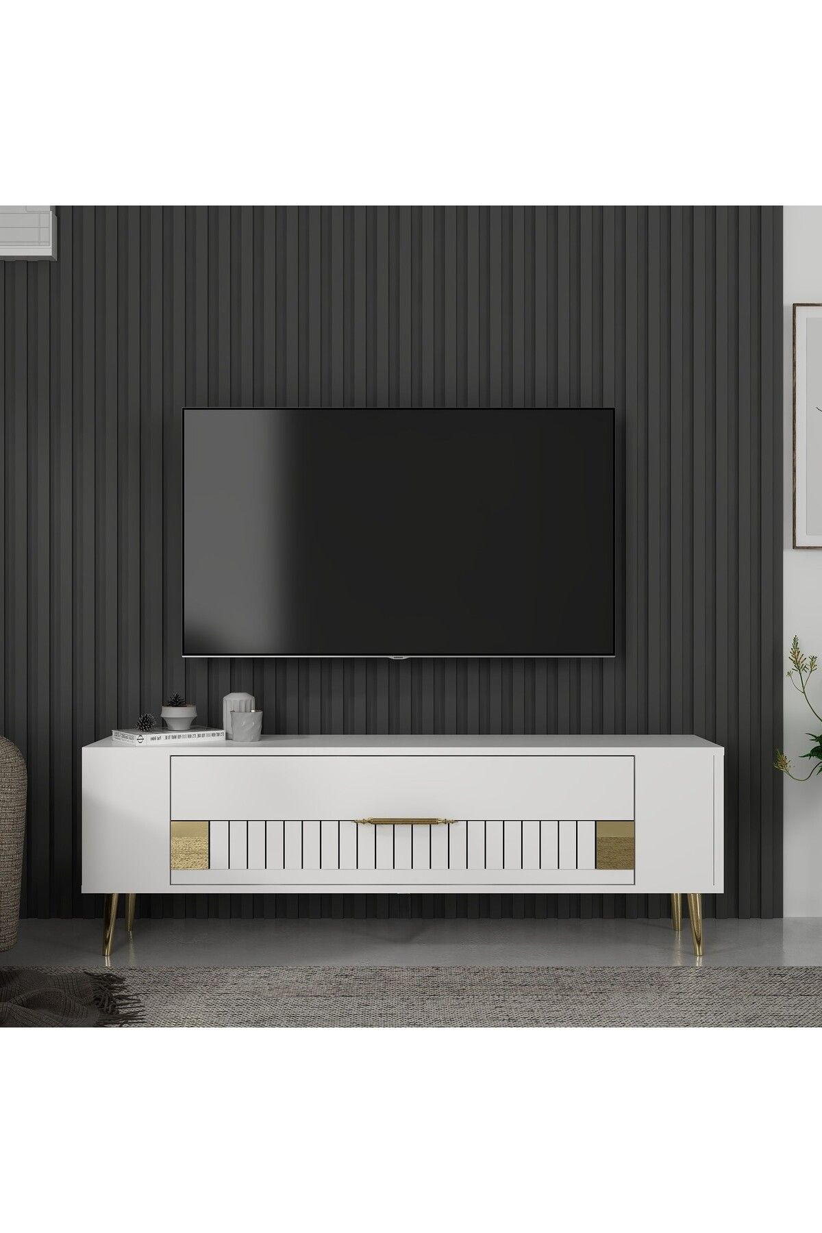 Cantek Dizayn Retrolp4ct Tv Sehpasi Beyaz-Altin