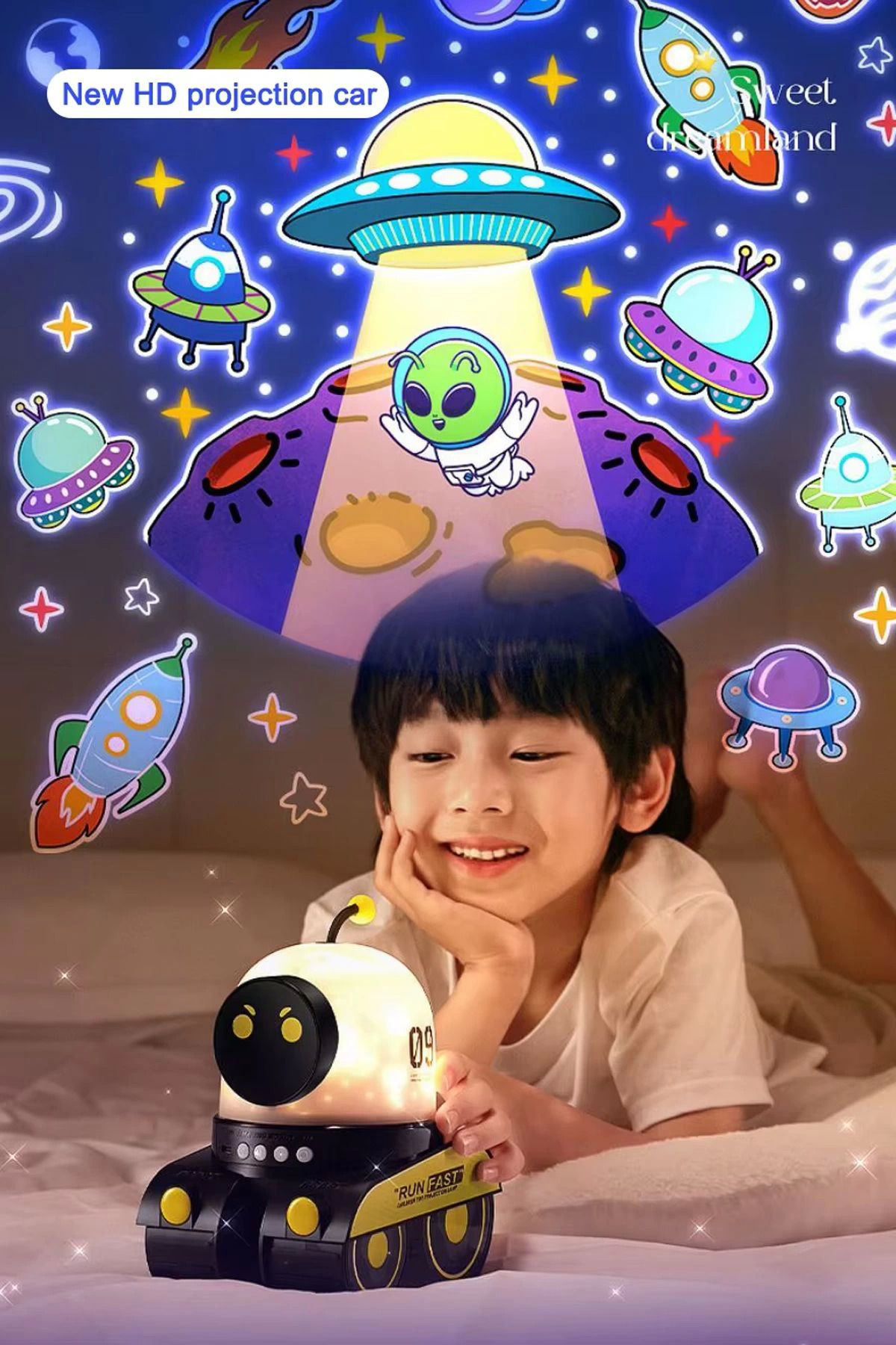 Yusuftex Robot Projeksiyon Gece Lambasi Hoparlörlü Şarjli Yildizli Gökyüzü