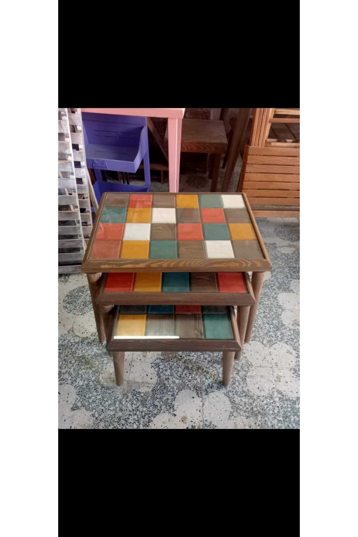 Woodenka Rusthing Rusthing Doğal Ahşap Camli Zigon Sehpa, Masif 3'Lü Set, Modern Ma