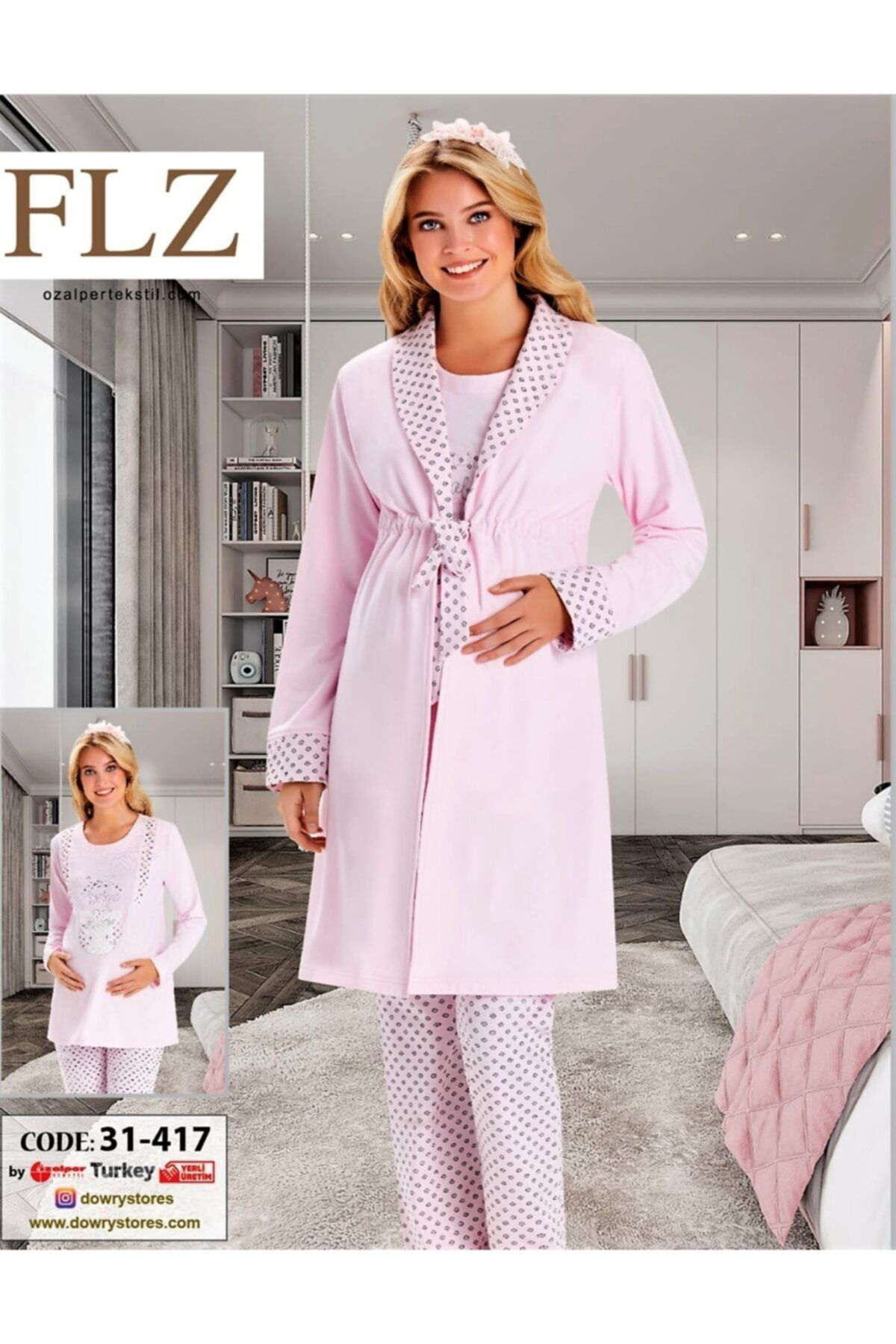 Flz Sabahlikli Lohusa Pijama Takimi 3 Lü Pembe