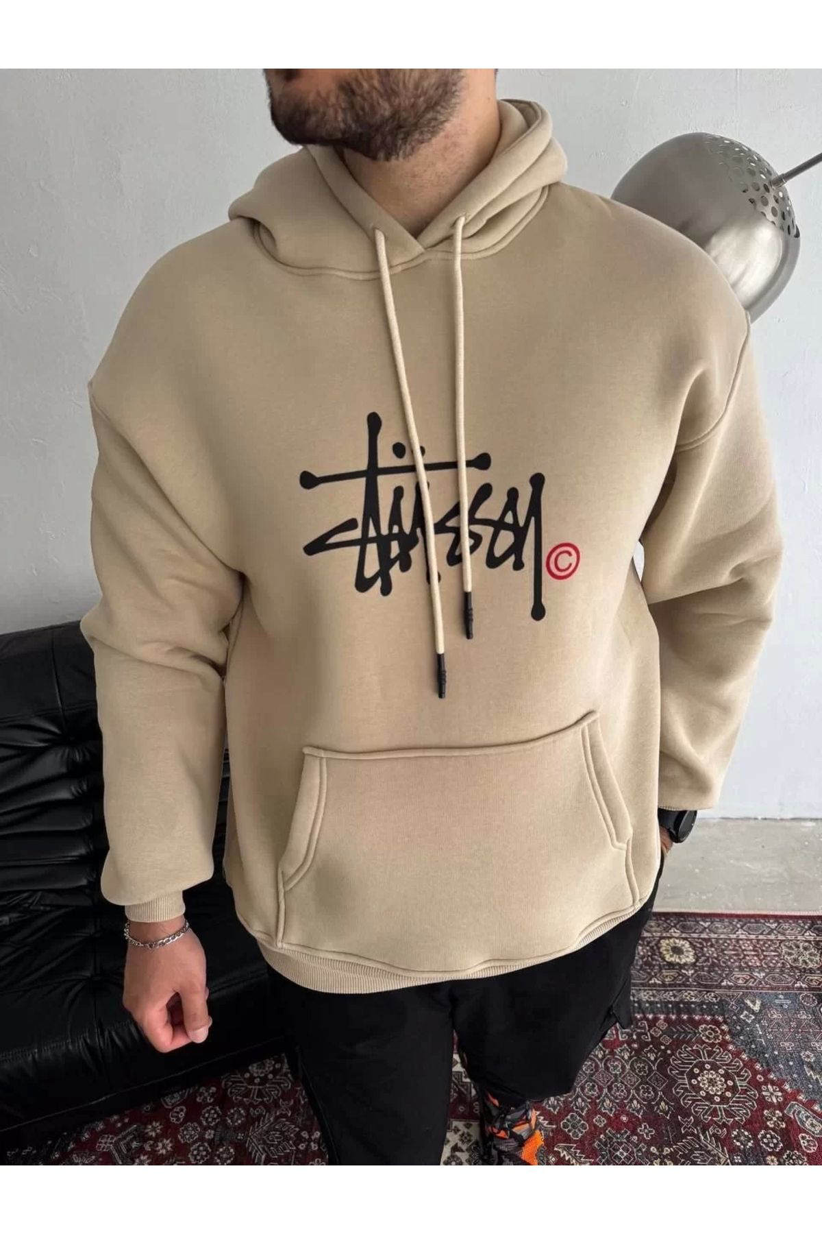 Şair Üç İplik Kapşonlu Baskılı SweatShirt - Bej