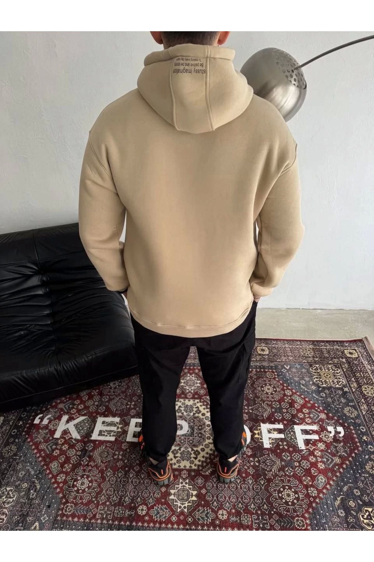Şair Üç İplik Kapşonlu Baskılı SweatShirt - Bej