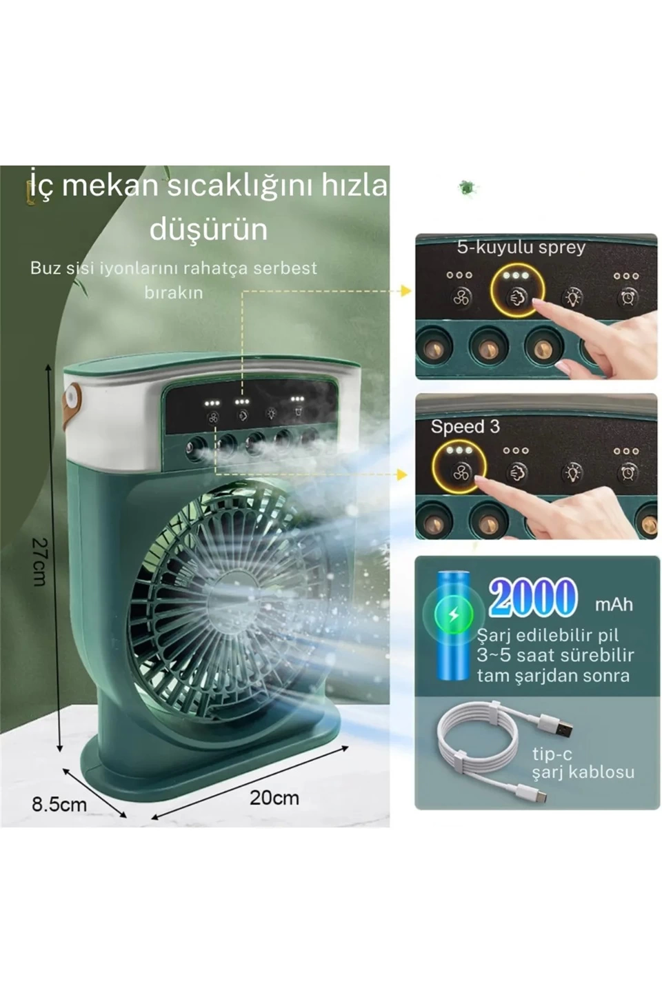 Şarjlı 600 Ml Su Hazneli Taşınabilir Masaüstü Vanilatör Güçlü Fan