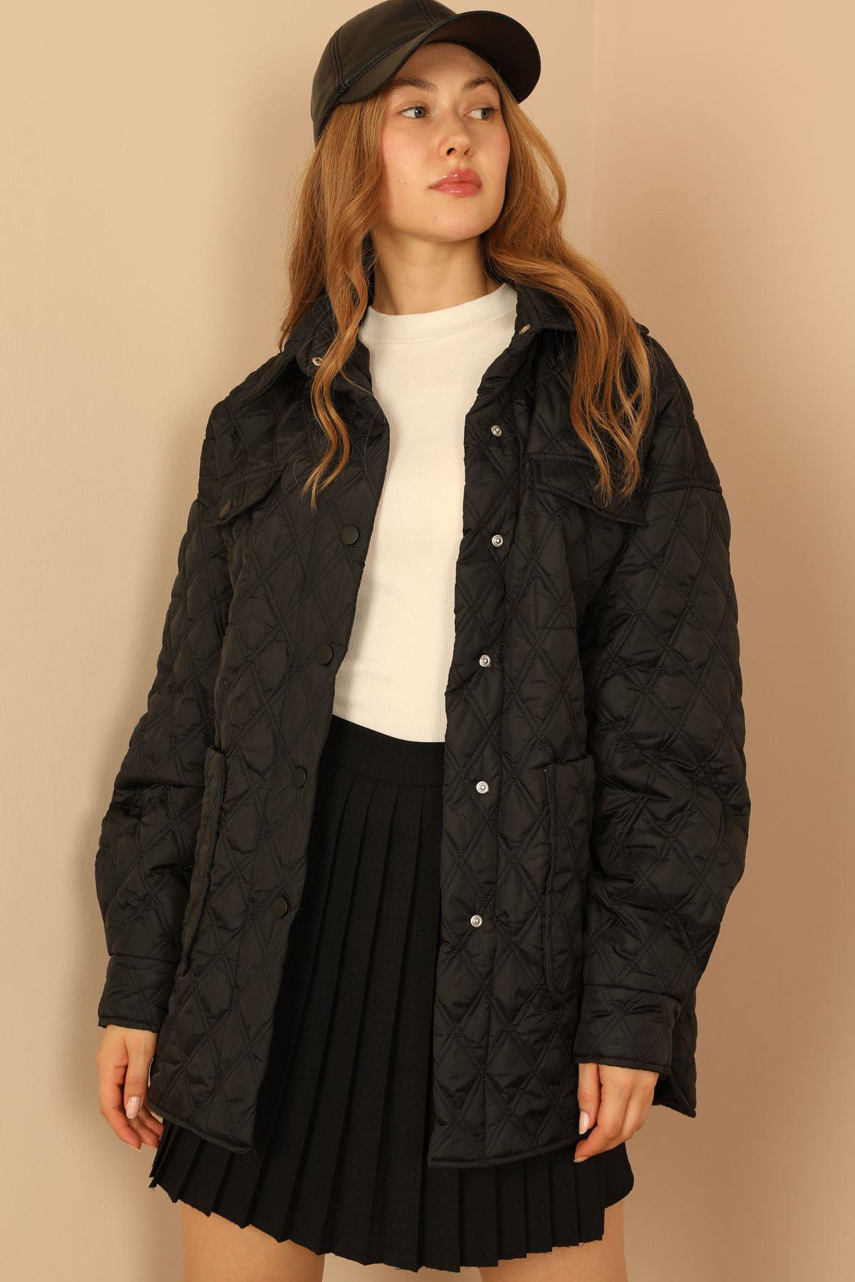 Sasha Moda  Mont Siyah L-Xl - Kapitone Kumaş Çift Dikiş Desen Kadi