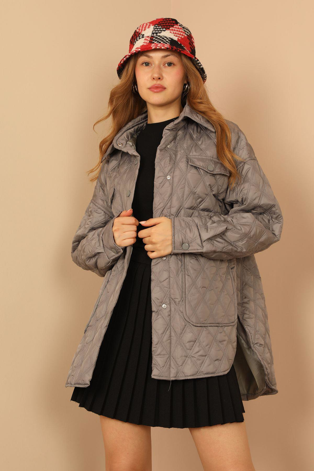 Sasha Moda  Mont Gri L-Xl - Kapitone Kumaş Çift Dikiş Desen Kadin 