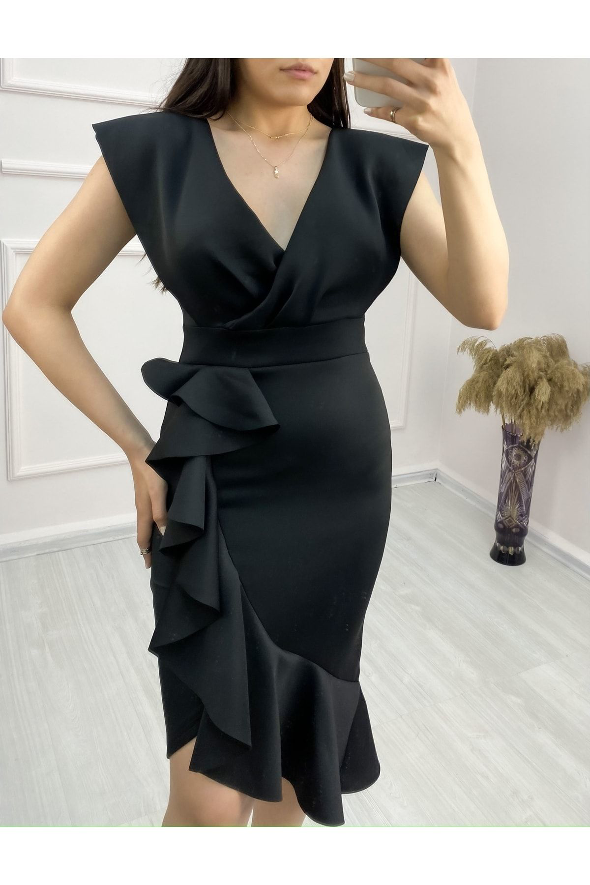 Tantana Shop Scuba Kumaş Önü Firfirli Midi Boy Elbise