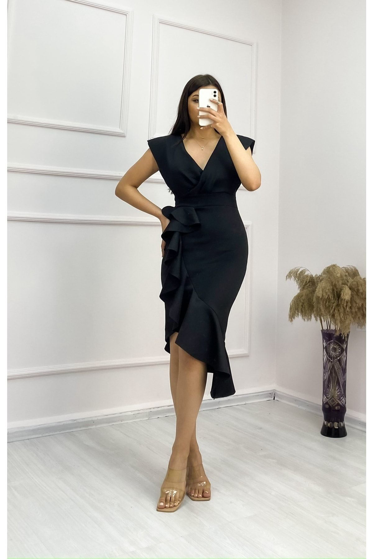 Tantana Shop Scuba Kumaş Önü Firfirli Midi Boy Elbise