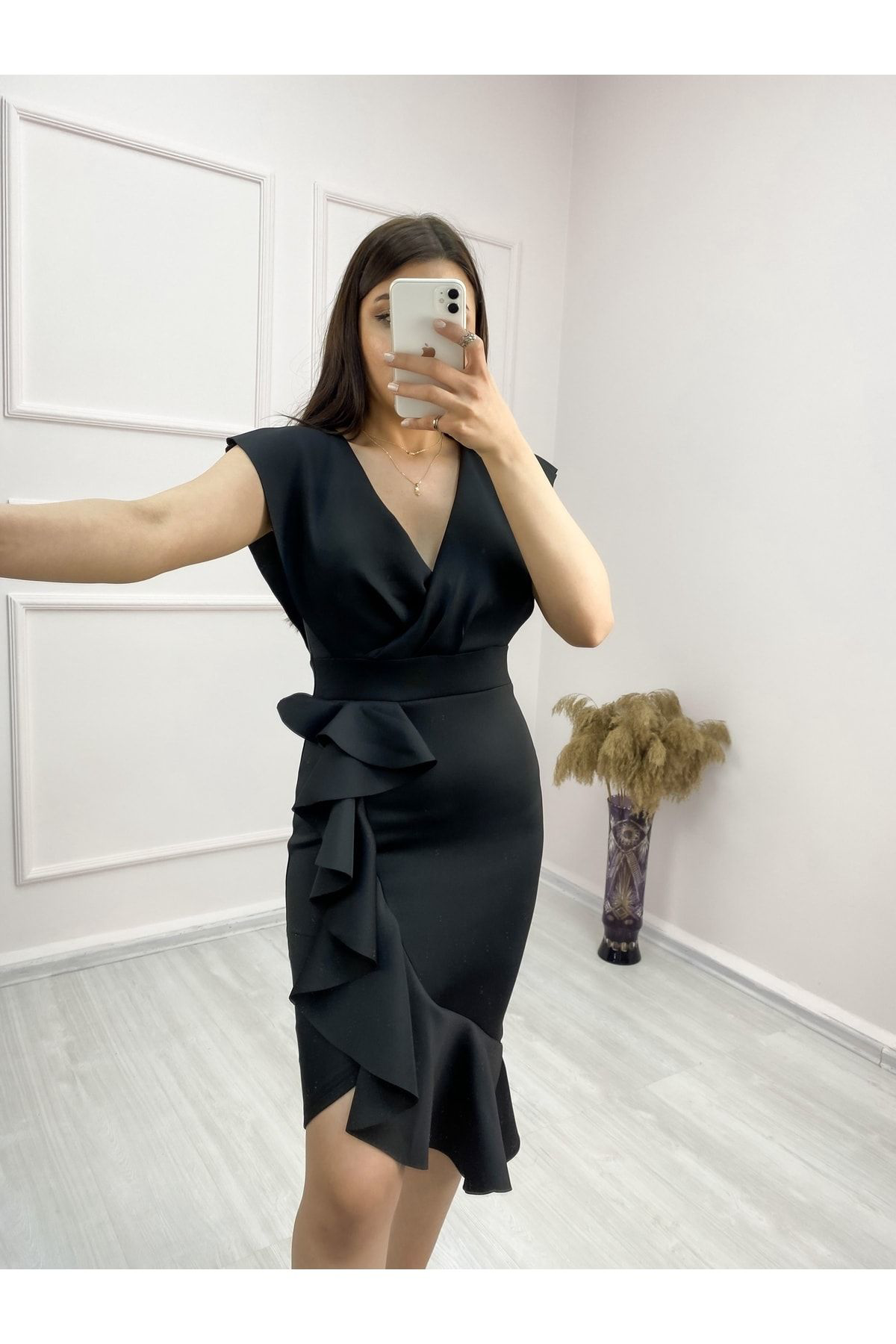 Tantana Shop Scuba Kumaş Önü Firfirli Midi Boy Elbise