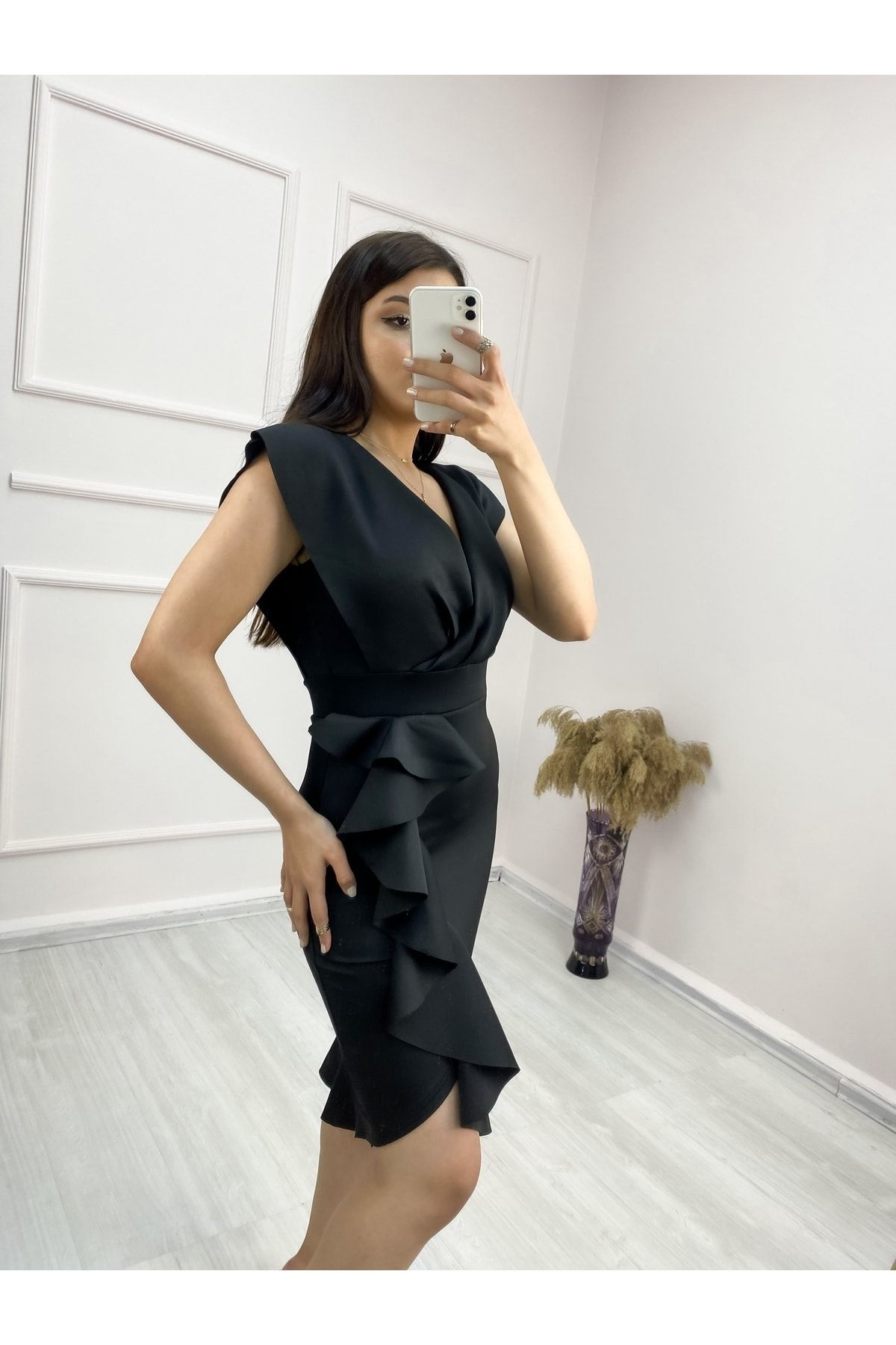 Tantana Shop Scuba Kumaş Önü Firfirli Midi Boy Elbise
