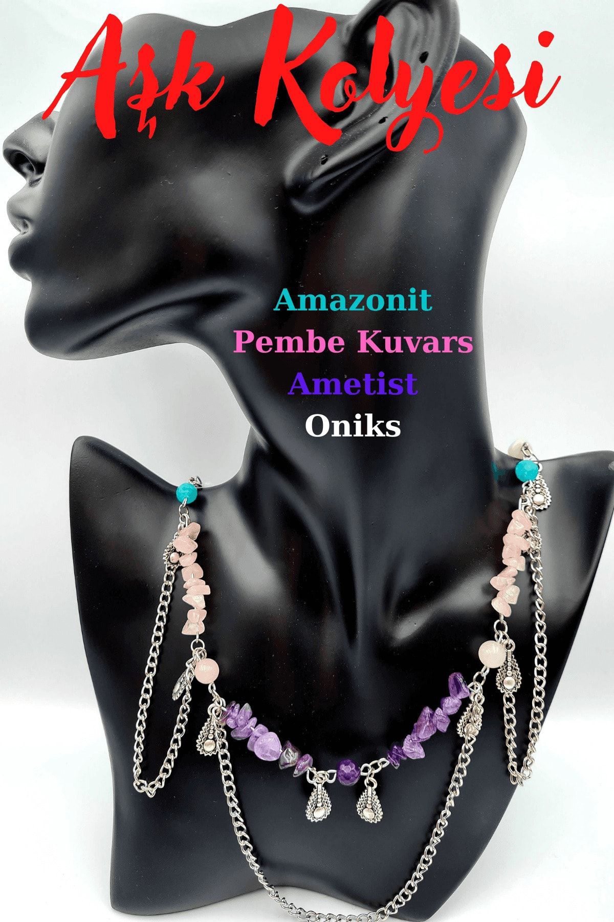 Sertifikalı Aşk Kolyesi Doğal Taş Ametist Pembe Kuvars Amazonit Ö