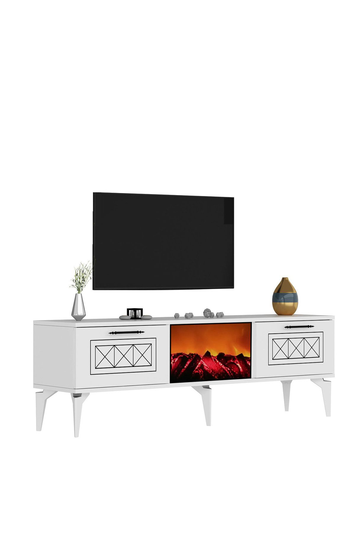 Demontedekor Shumendh Şömineli Tv Sehpasi Beyaz-Gümüş