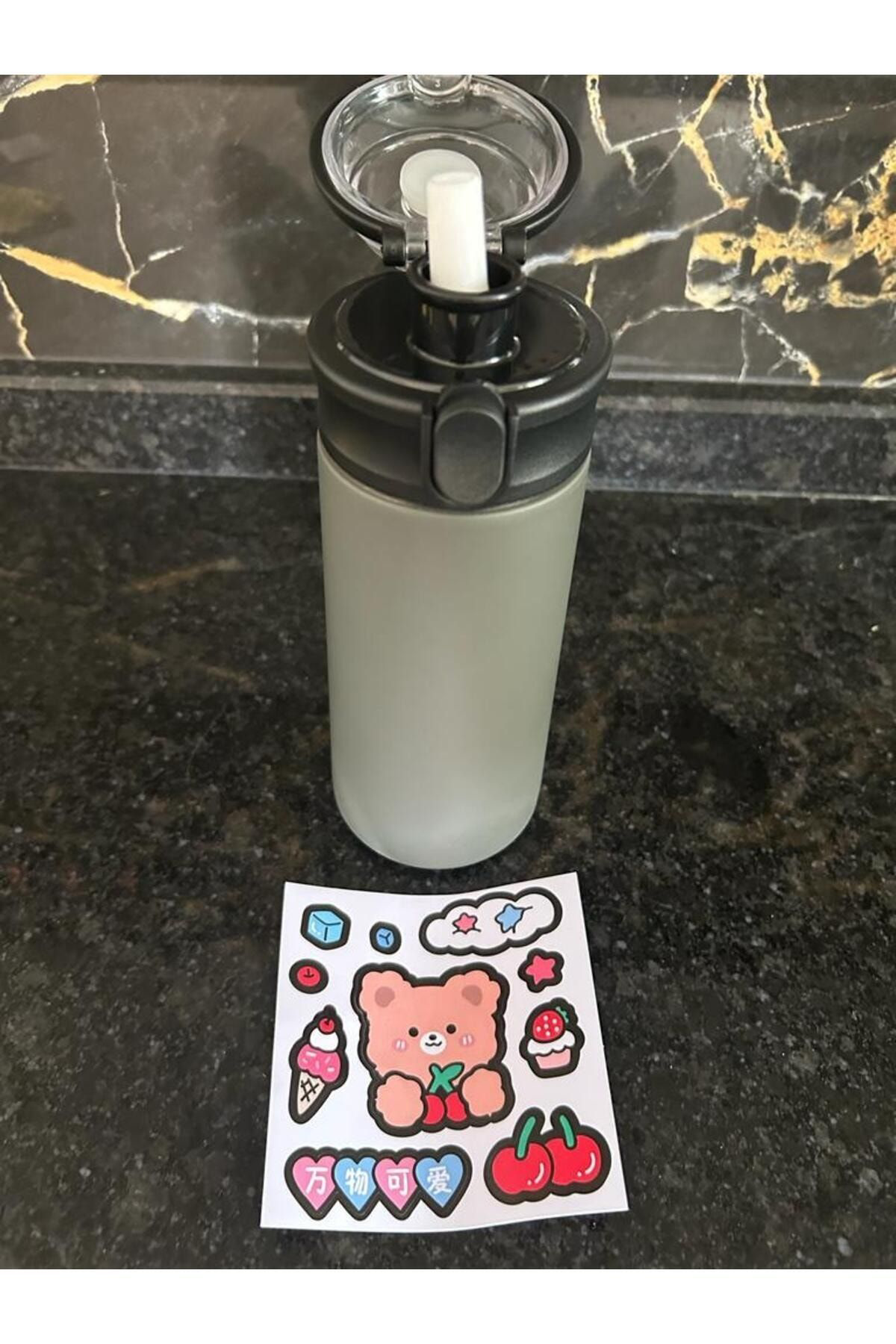 Chefstar Siyah 550 Ml Kilit Kapak Pipetli Stickerli Termos Suluk Matara Mn