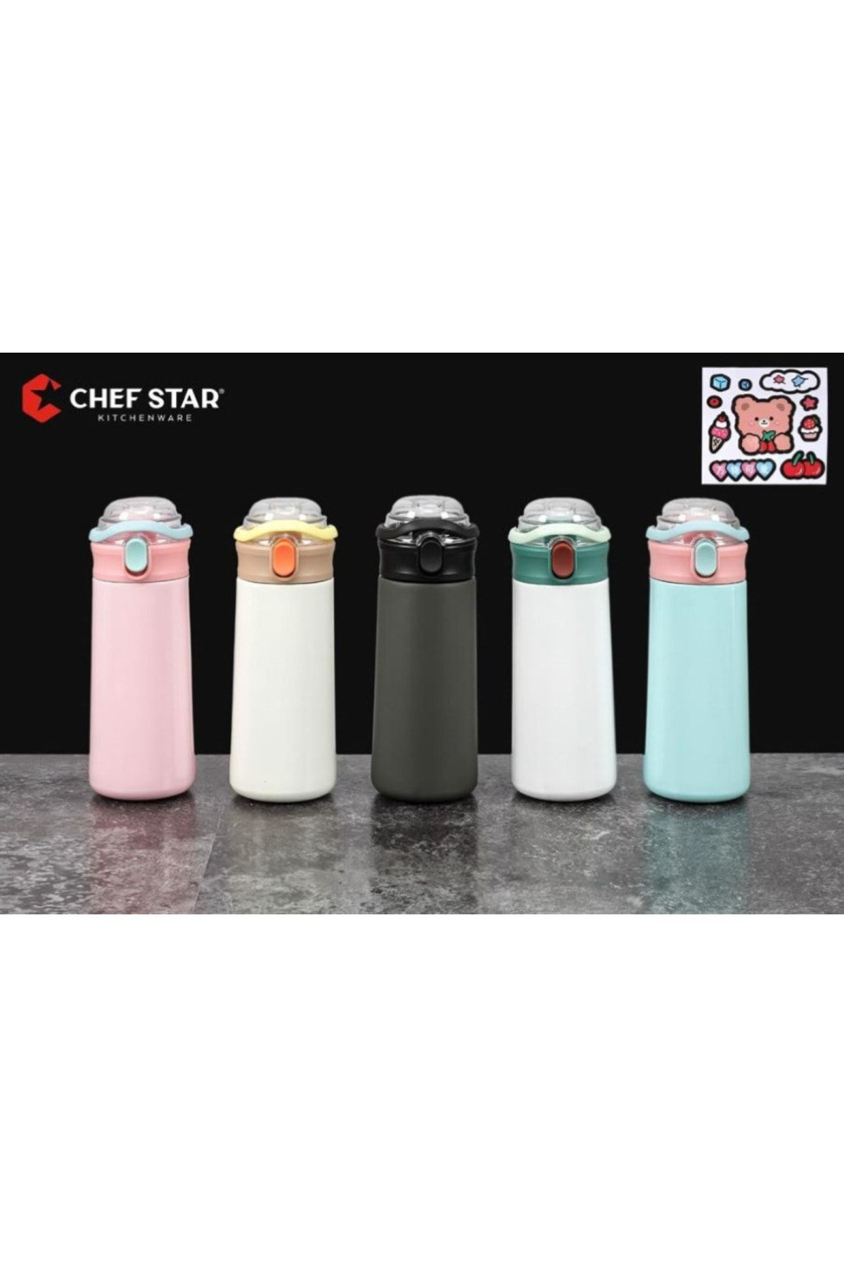 Chefstar Siyah 550 Ml Kilit Kapak Pipetli Stickerli Termos Suluk Matara Mn