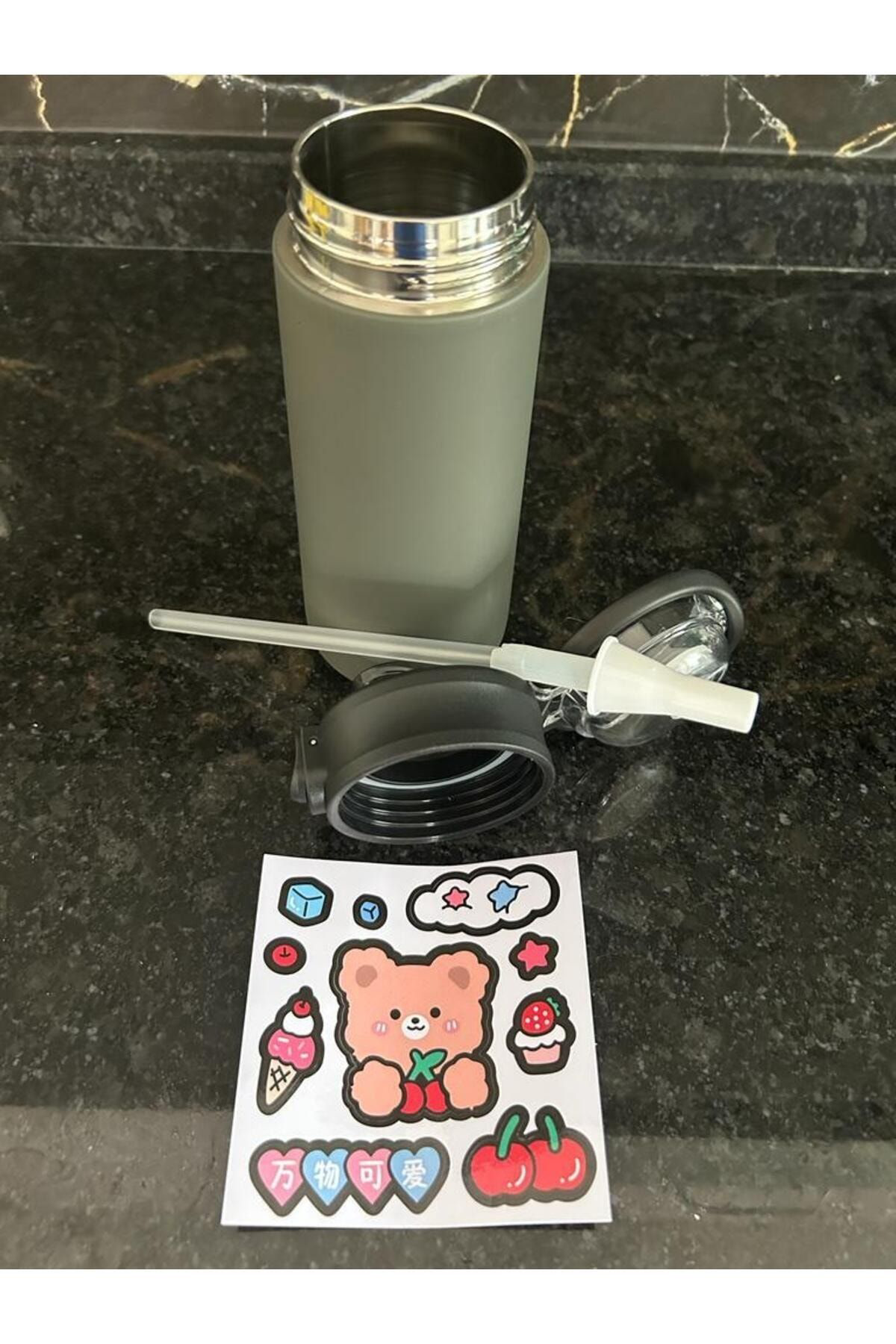 Chefstar Siyah 550 Ml Kilit Kapak Pipetli Stickerli Termos Suluk Matara Mn