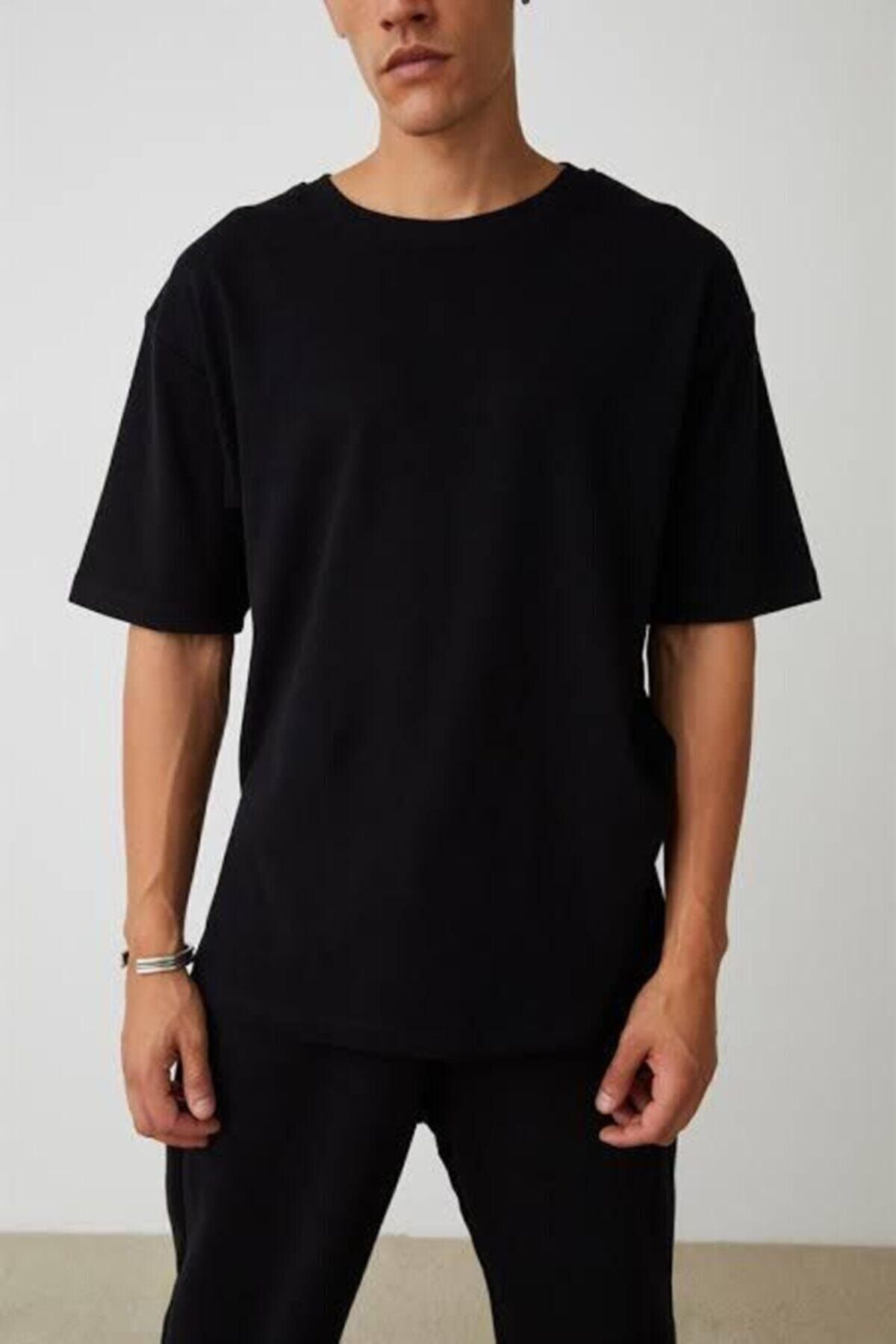 Kam Tişört Siyah Basic Oversize Bisiklet Yaka Kisa Kollu T-Shirt