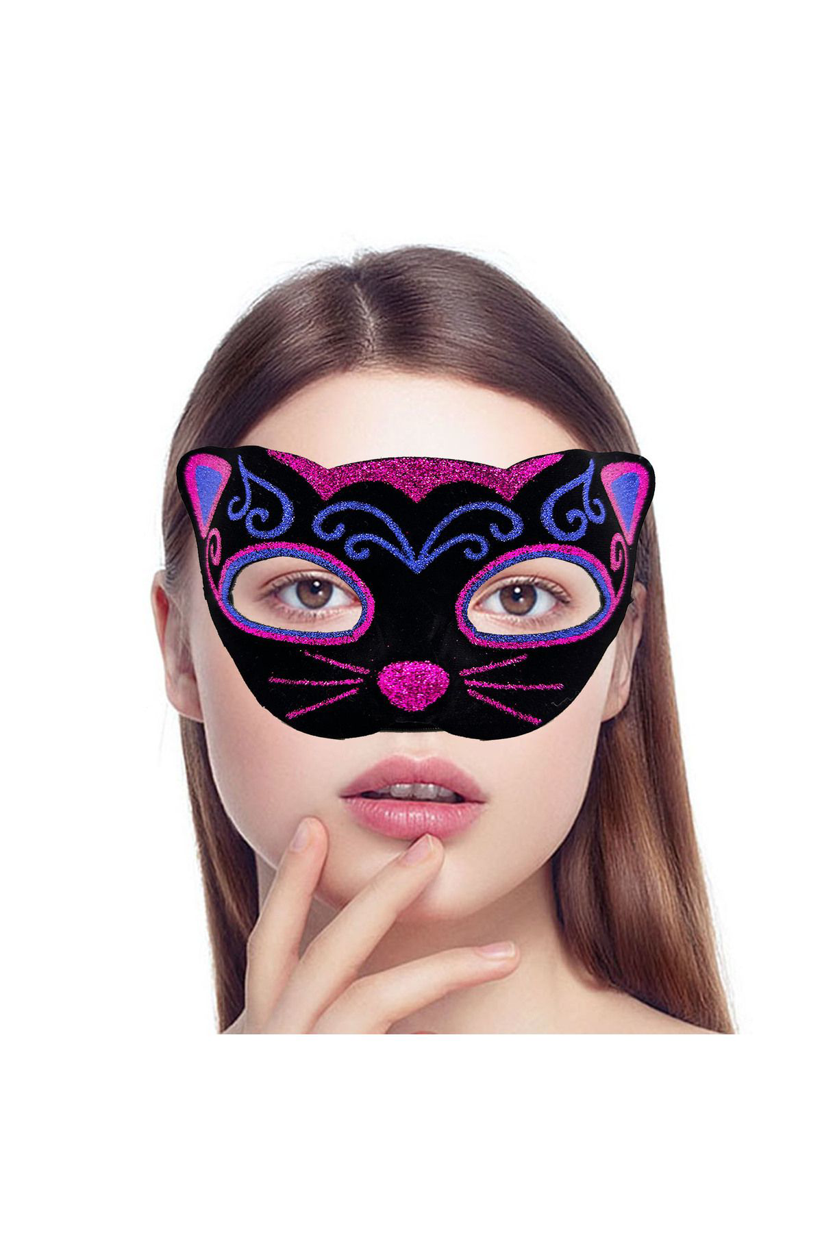 Ok Aksesuar Siyah Kadife Kaplama Üzeri Pembe Mavi Sim İşlemeli Kedi Maskesi 2