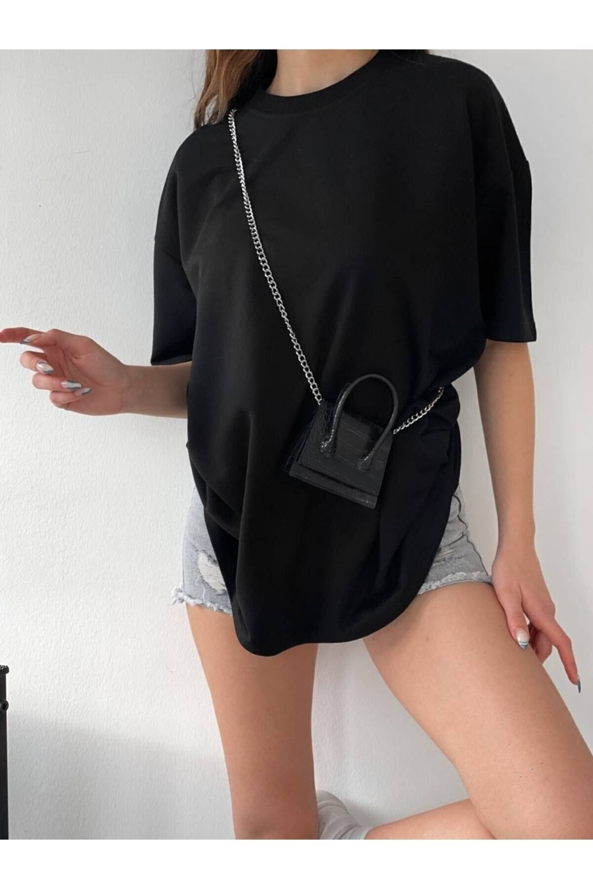 Jakarli Siyah Unisex Pamuk Bisiklet Yaka Boyfriend Örme Oversize T-Shirt