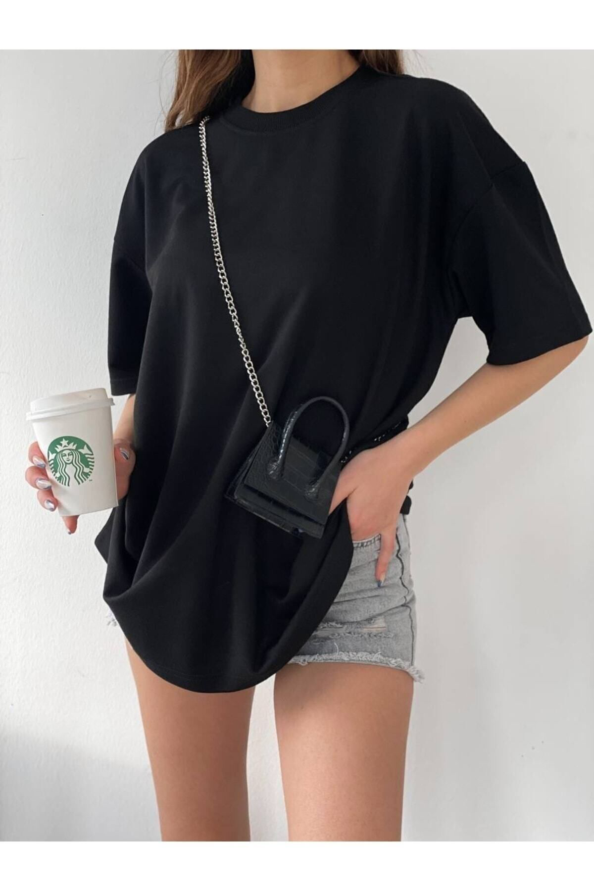 Jakarli Siyah Unisex Pamuk Bisiklet Yaka Boyfriend Örme Oversize T-Shirt